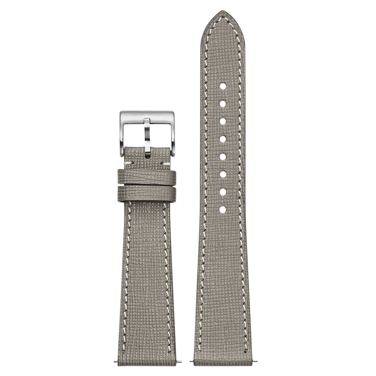Taupe grey Chevre Saffiano leather watch band with white stitching and polished buckle for Galaxy Watch 8 Ultra