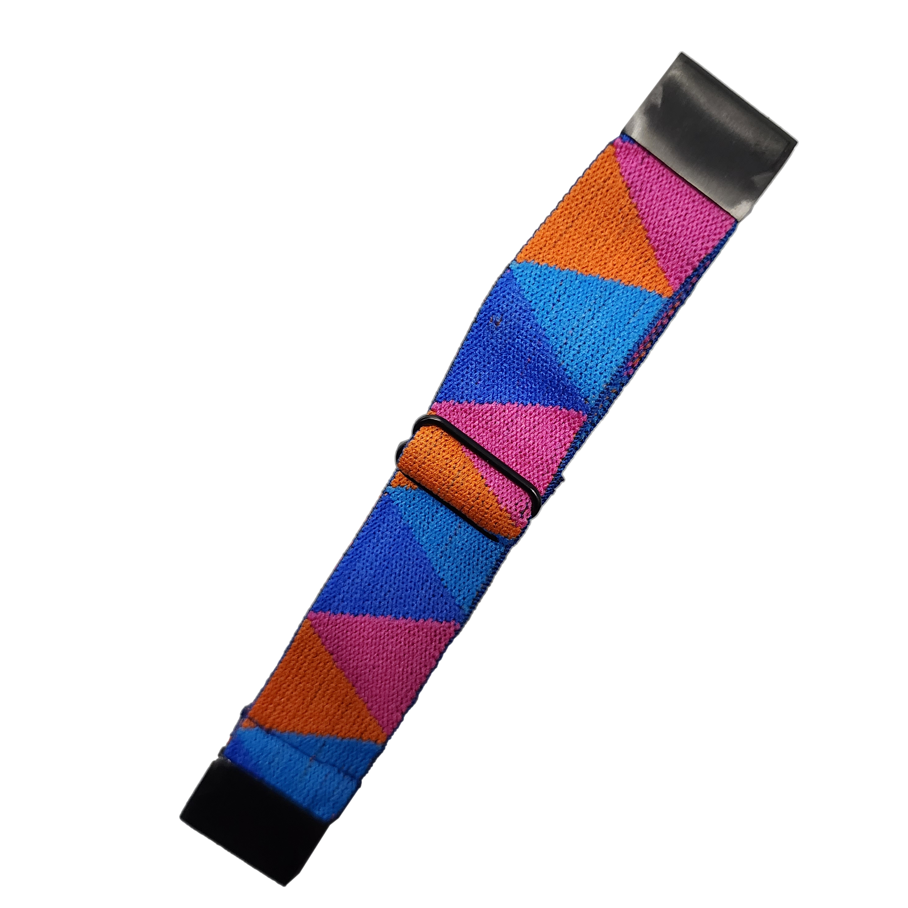 Colorful striped rifle sling with quickfit system, orange blue and purple weave pattern with black hardware