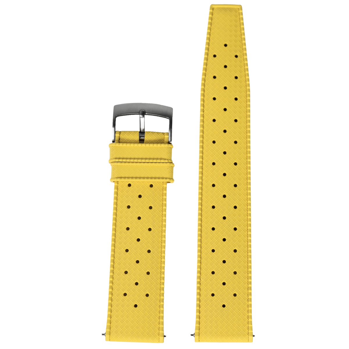Yellow perforated FKM rubber watch band with gray buckle and matching strap