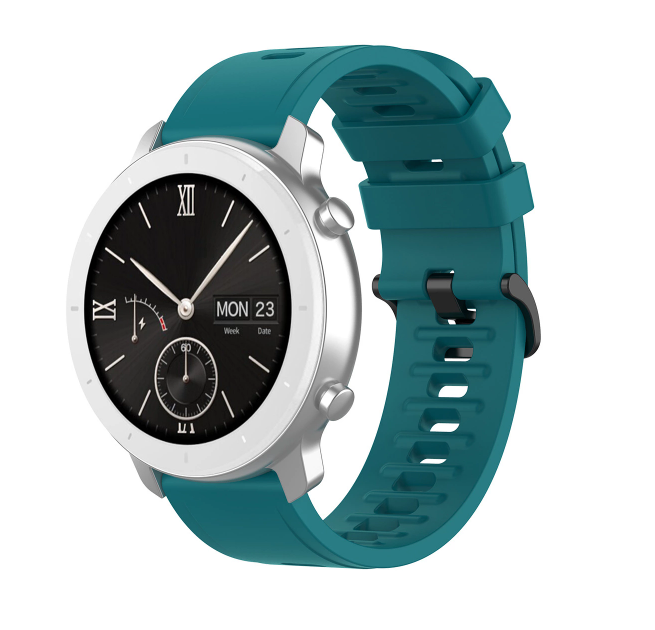 Silver smartwatch with teal silicone quick release band, black dial with Roman numerals, chronograph subdials, and date display