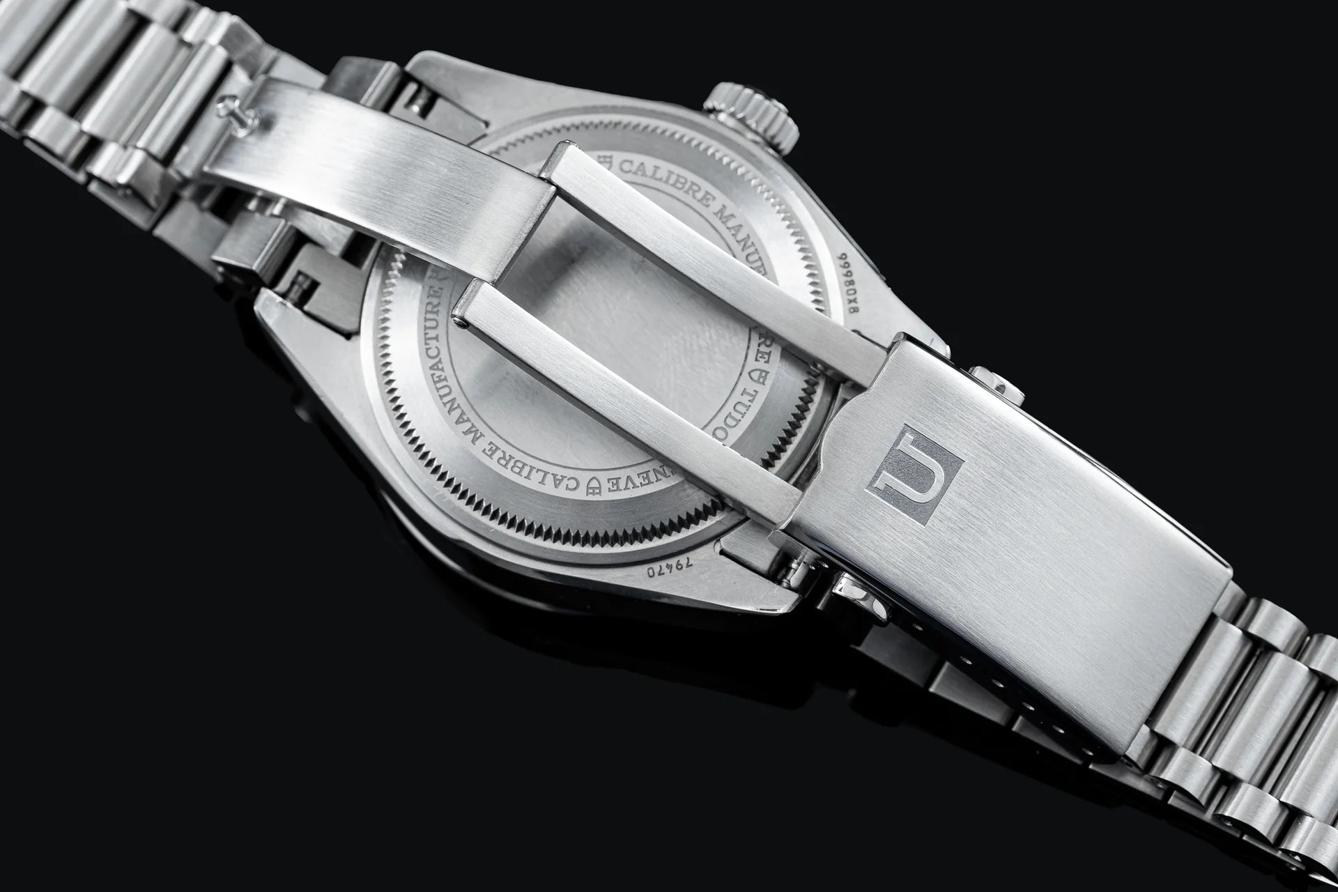Stainless steel watch bracelet with solid end links and secure clasp closure, compatible with Tudor Black Bay 58 GMT timepiece