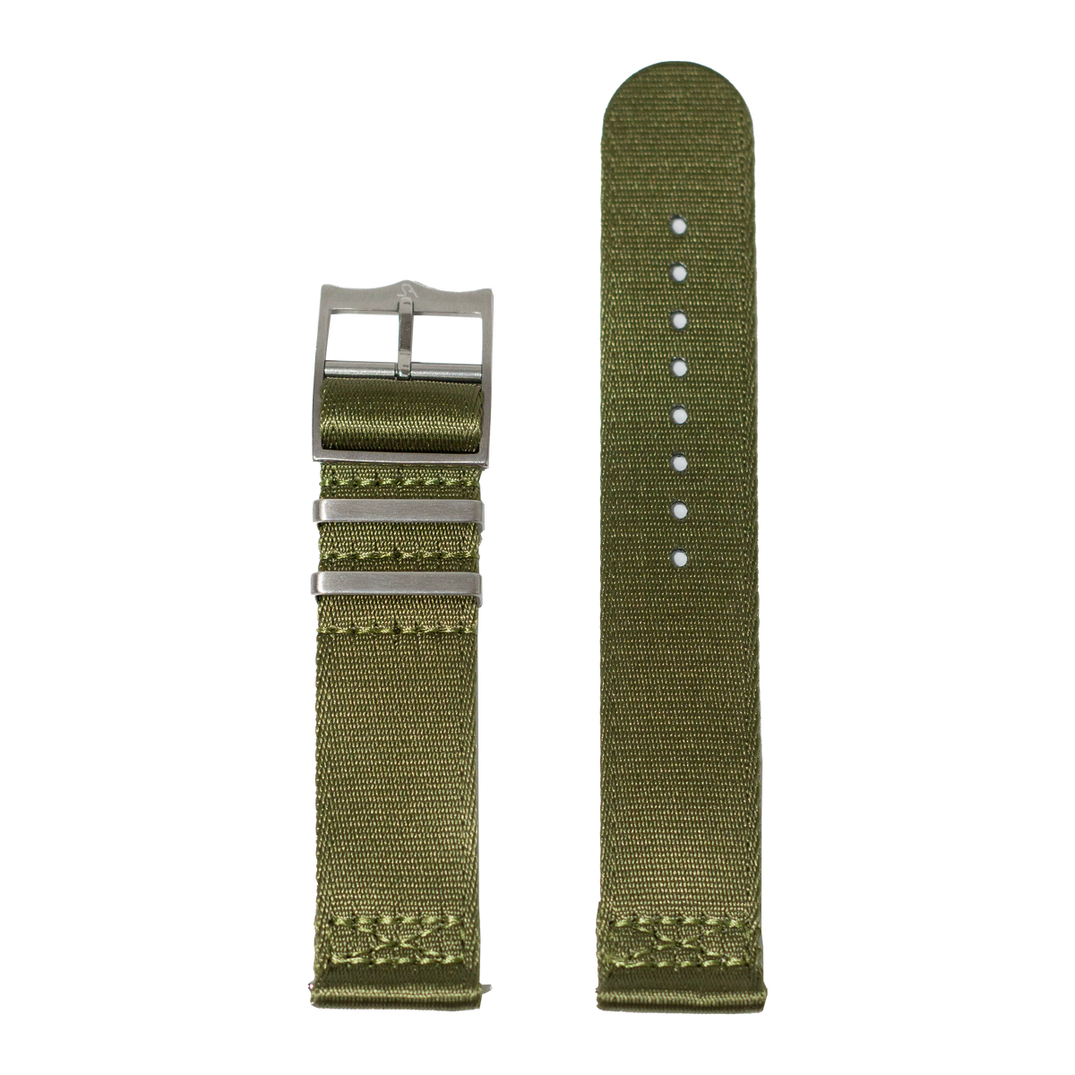 Olive green textile watch strap with brushed stainless steel buckle and adjustment holes