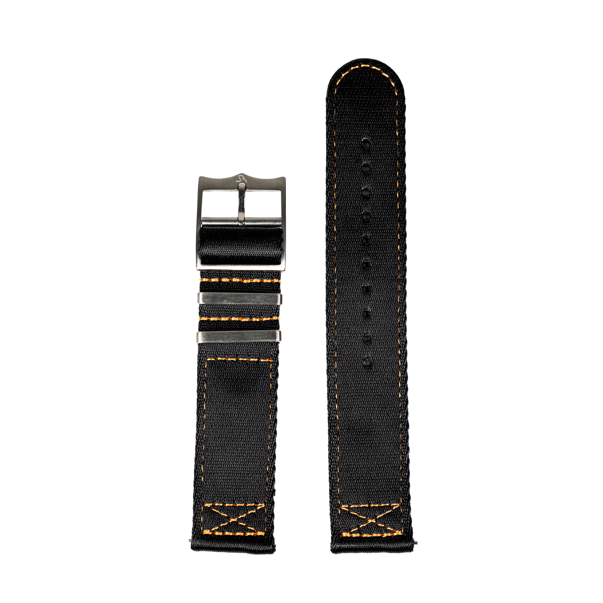 Black fabric watch strap with orange stitching, quick-fit 22mm, gunmetal buckle and spacers, military-style design