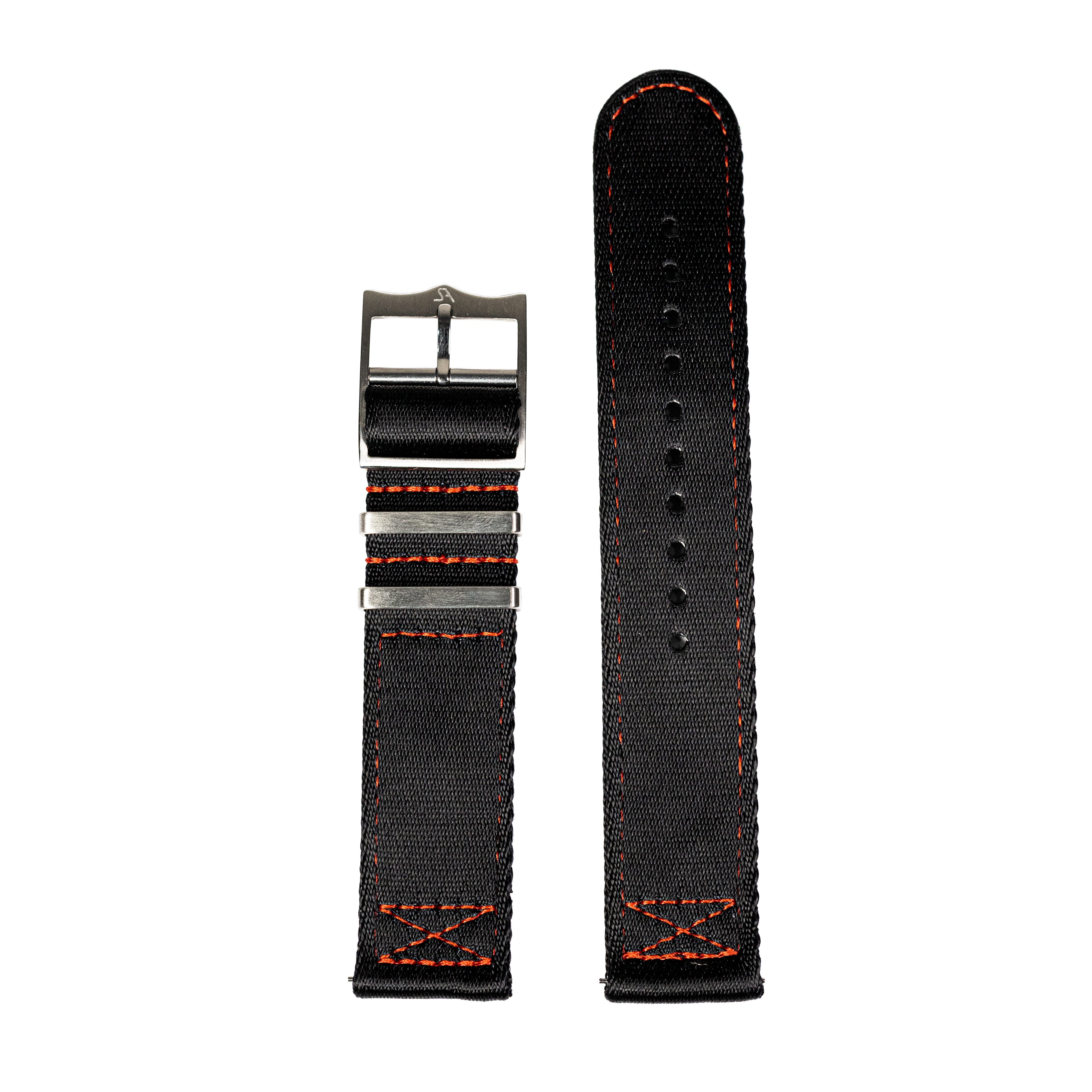 Black nylon military watch strap with orange stitching, quick-fit buckle and interchangeable fabric segments