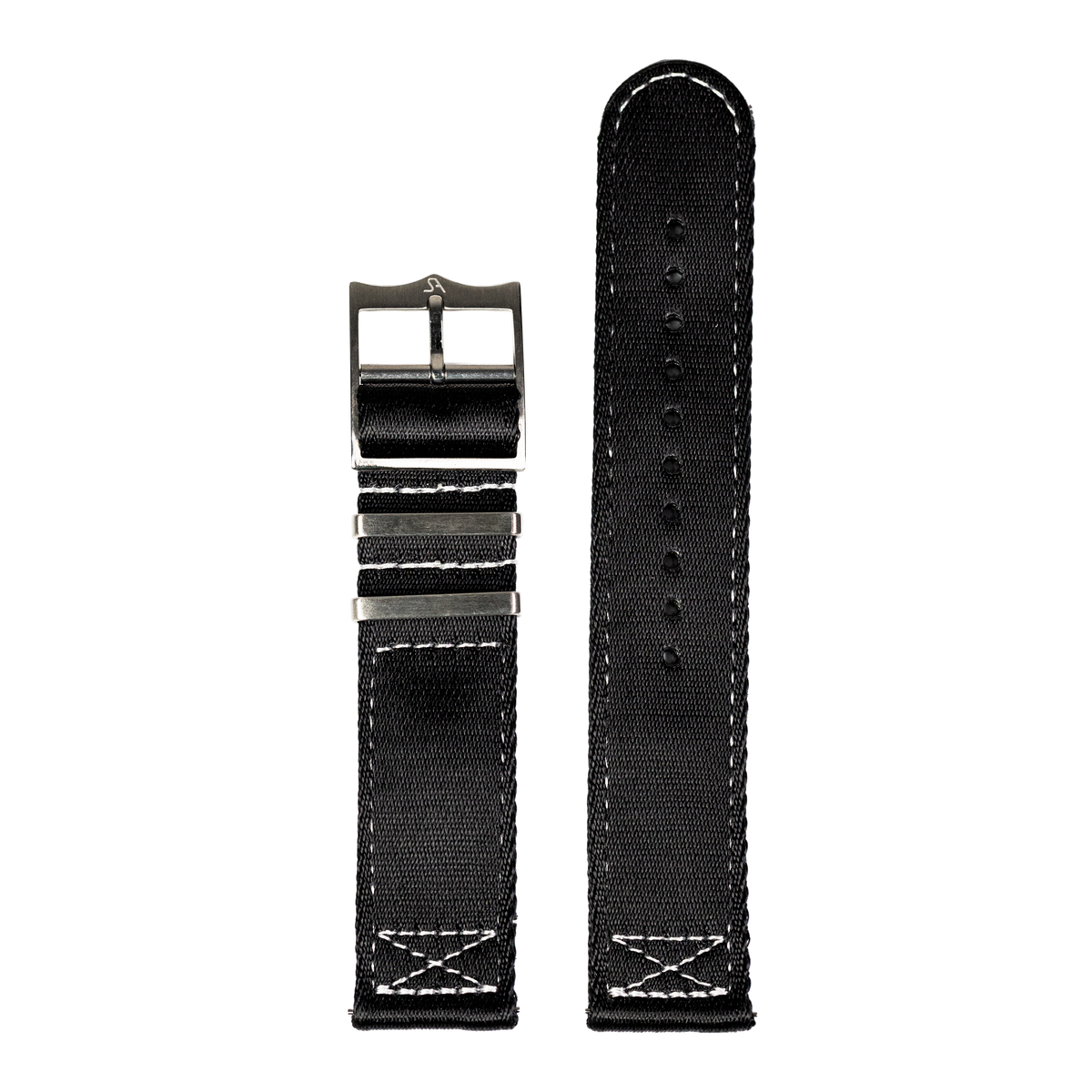 Black nylon fabric watch band with metal buckle and white stitching detail, compatible with Fitbit smartwatches