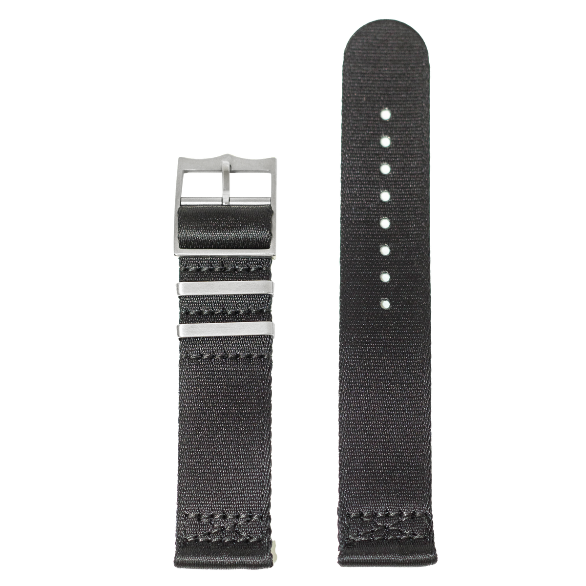 Black fabric watch band with silver buckle, quick-fit design, 20mm width for men's watches