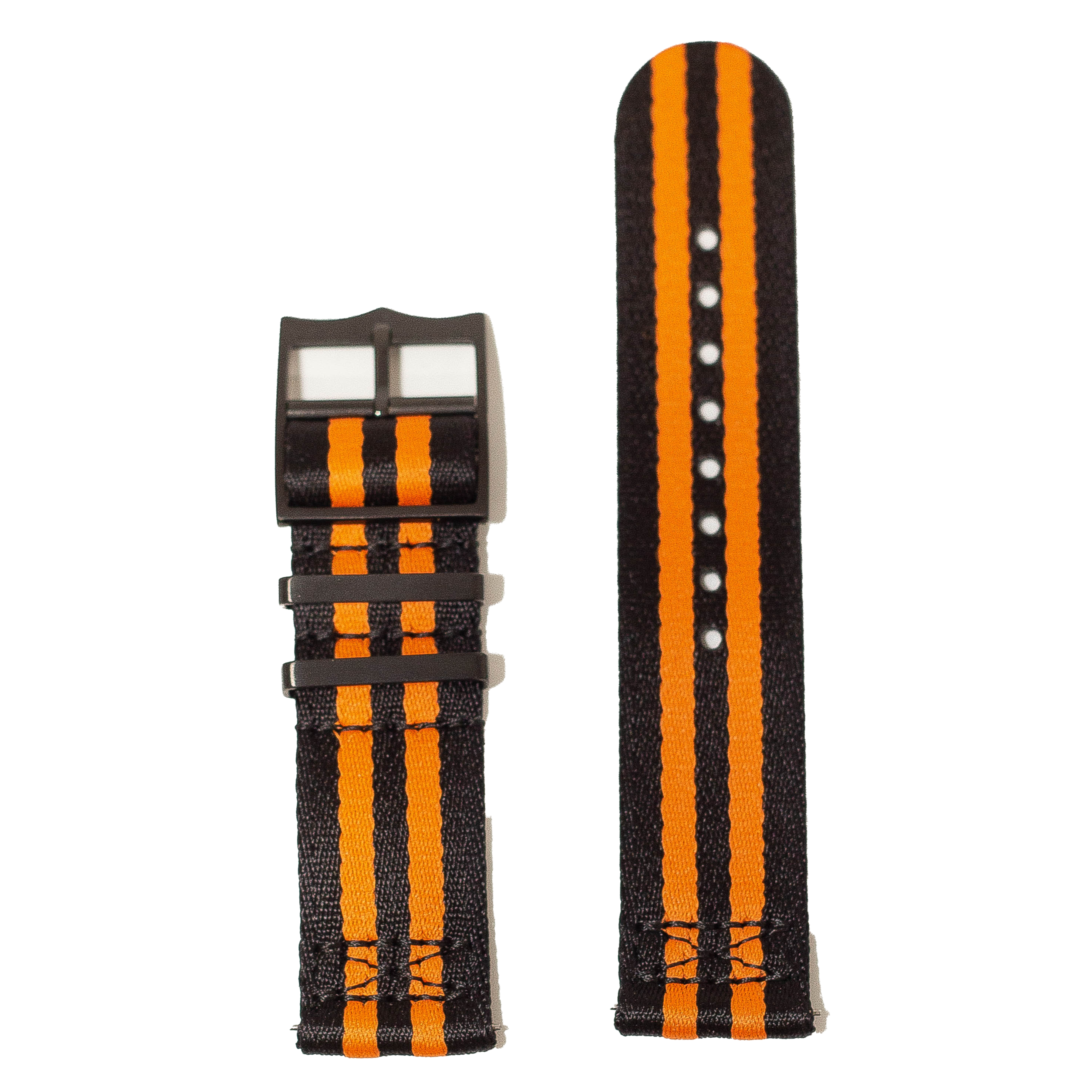 Black and orange striped fabric watch strap with quick release buckle and metal hardware, military style