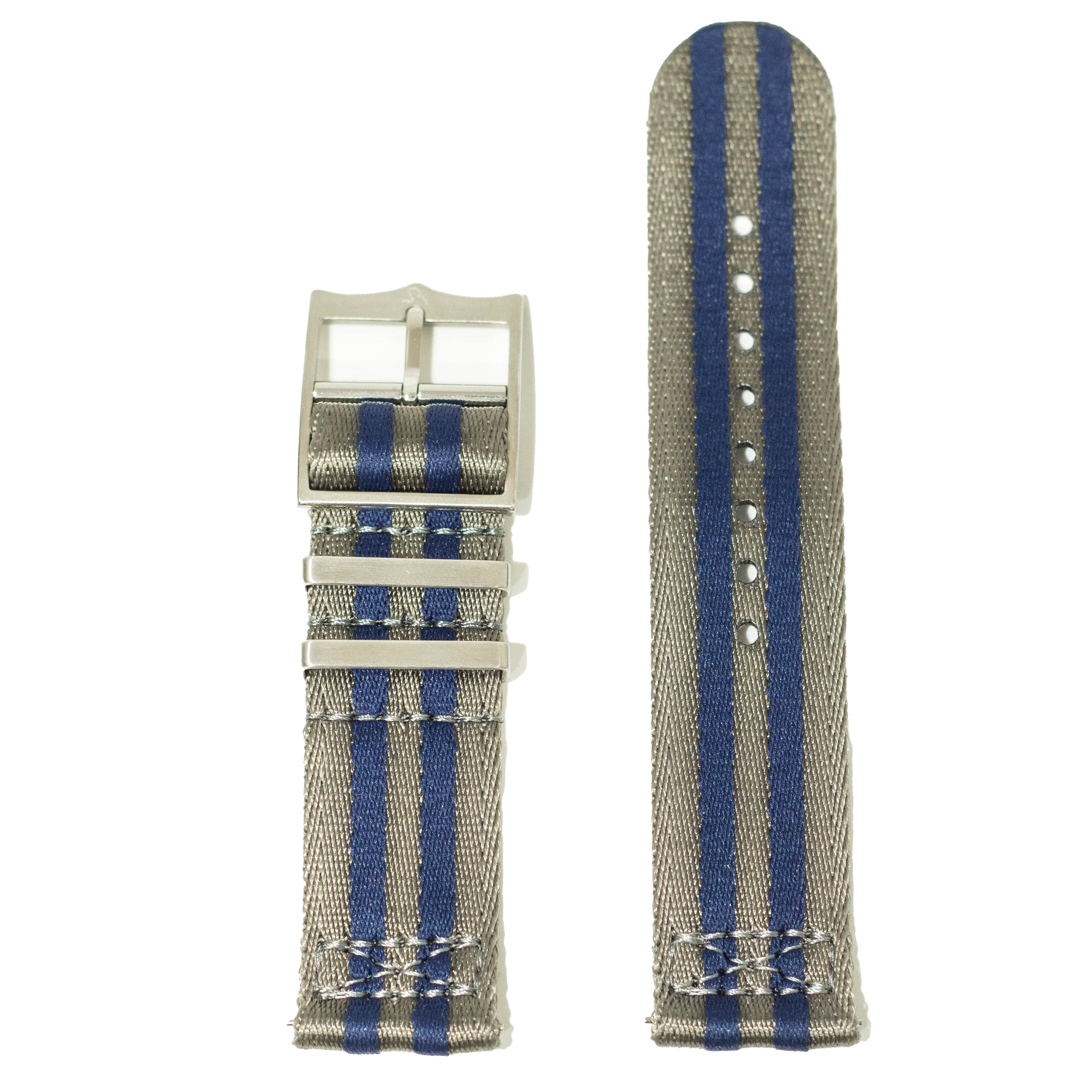 Blue and gray striped fabric quick release watch strap with silver buckle and hardware