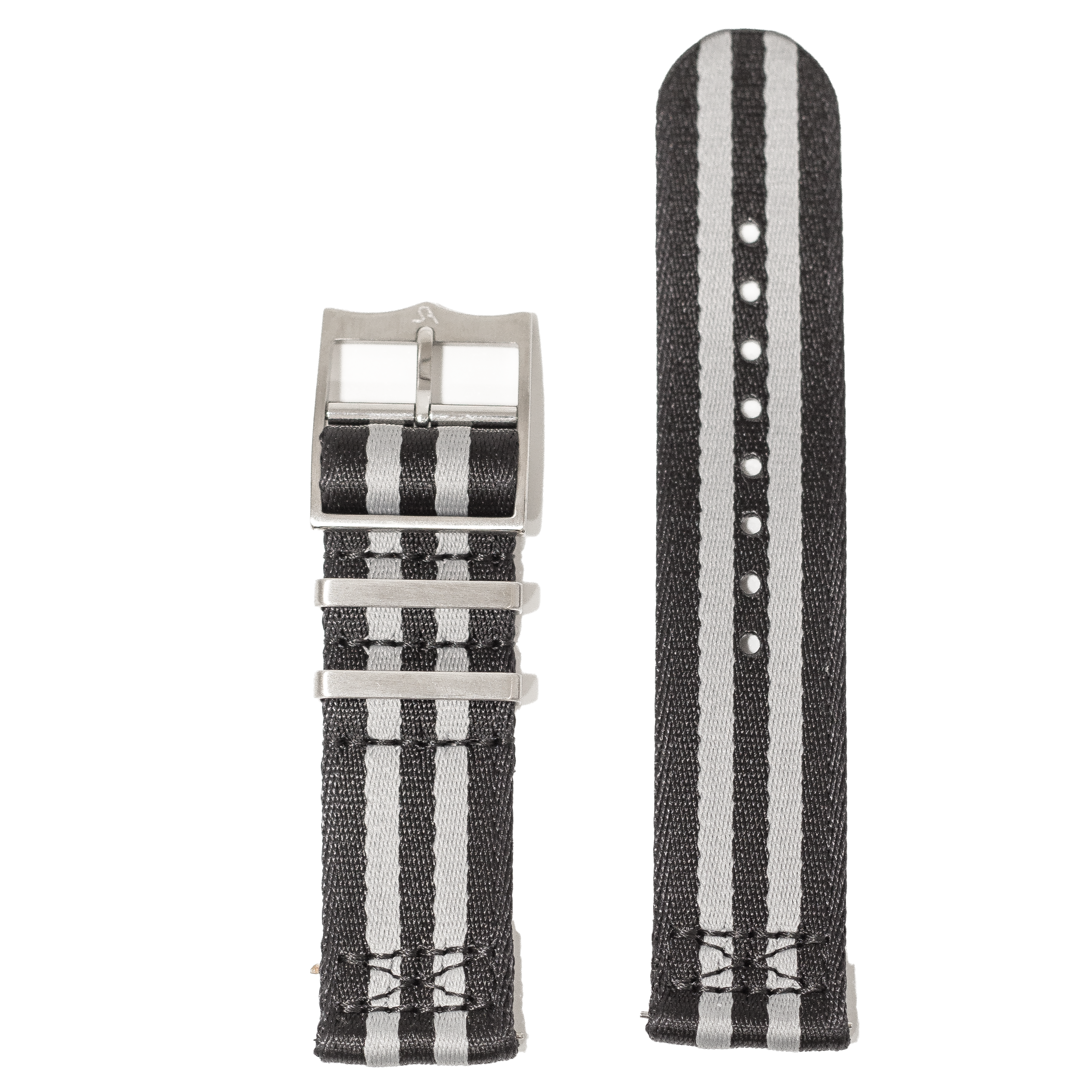 Black and grey striped fabric watch strap with quick-fit attachment and silver buckle, 20mm width