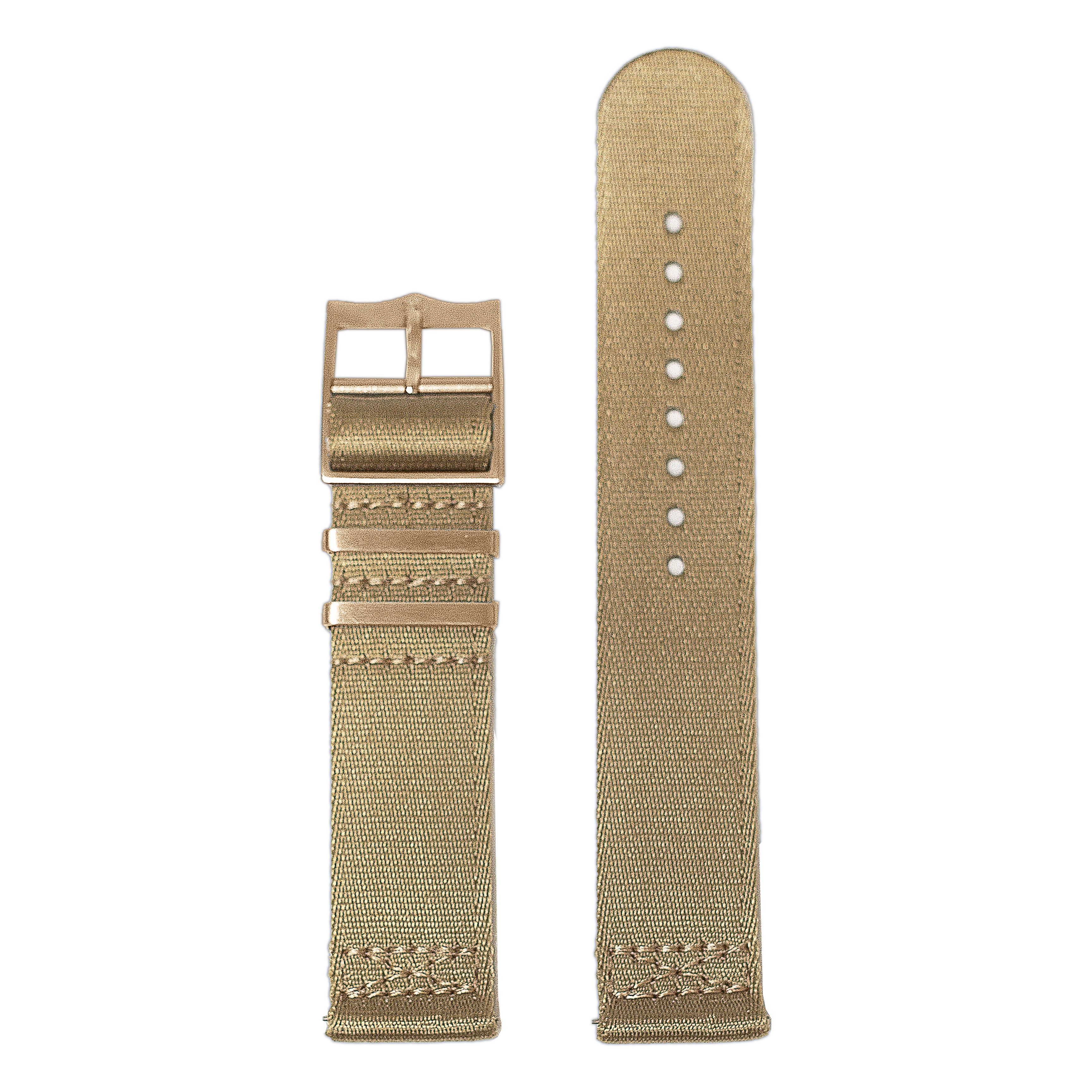 Beige fabric watch band with rose gold buckle and hardware, quick release military-style strap for 20mm watches