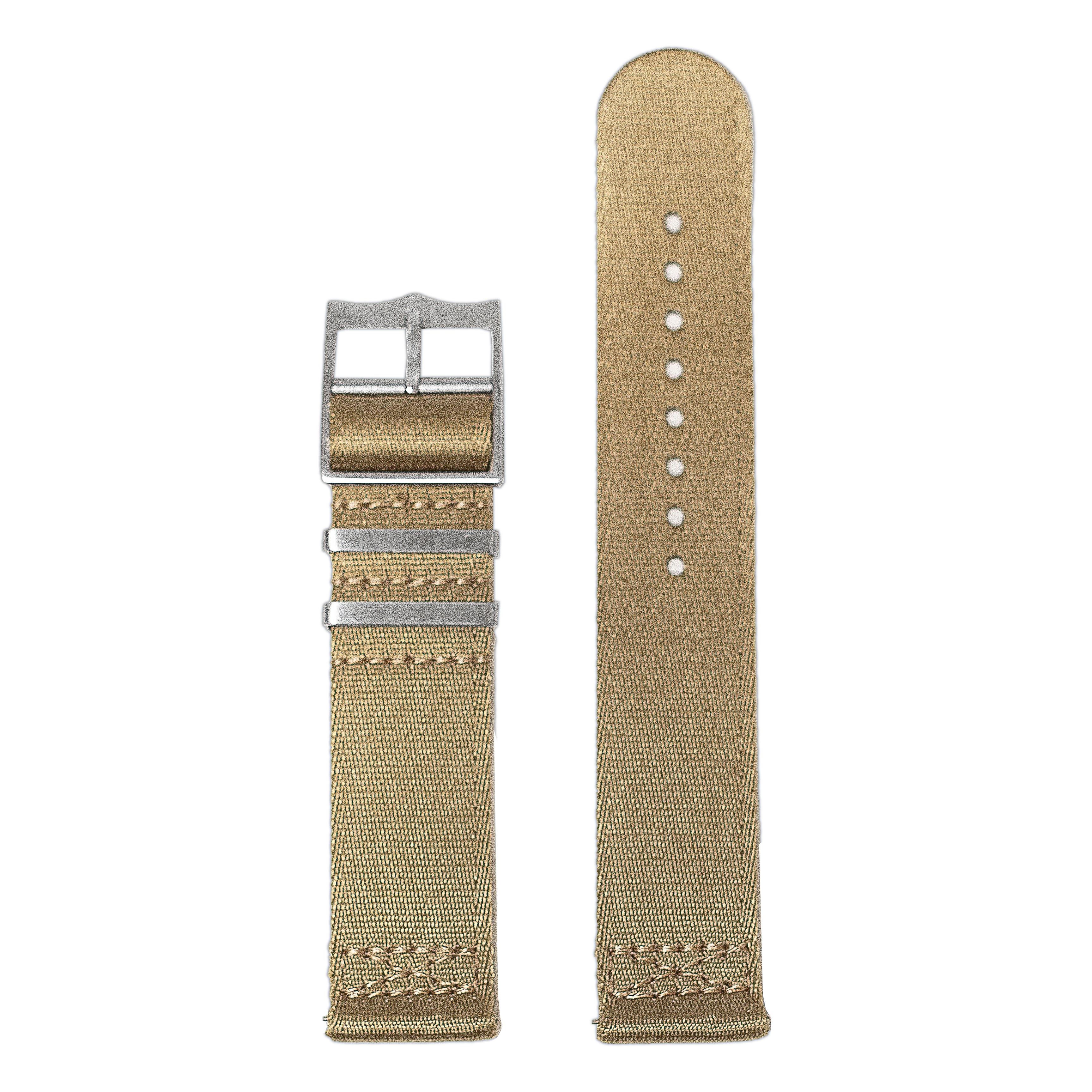 Khaki canvas watch strap with silver buckle and quick release bars, showing front and back views