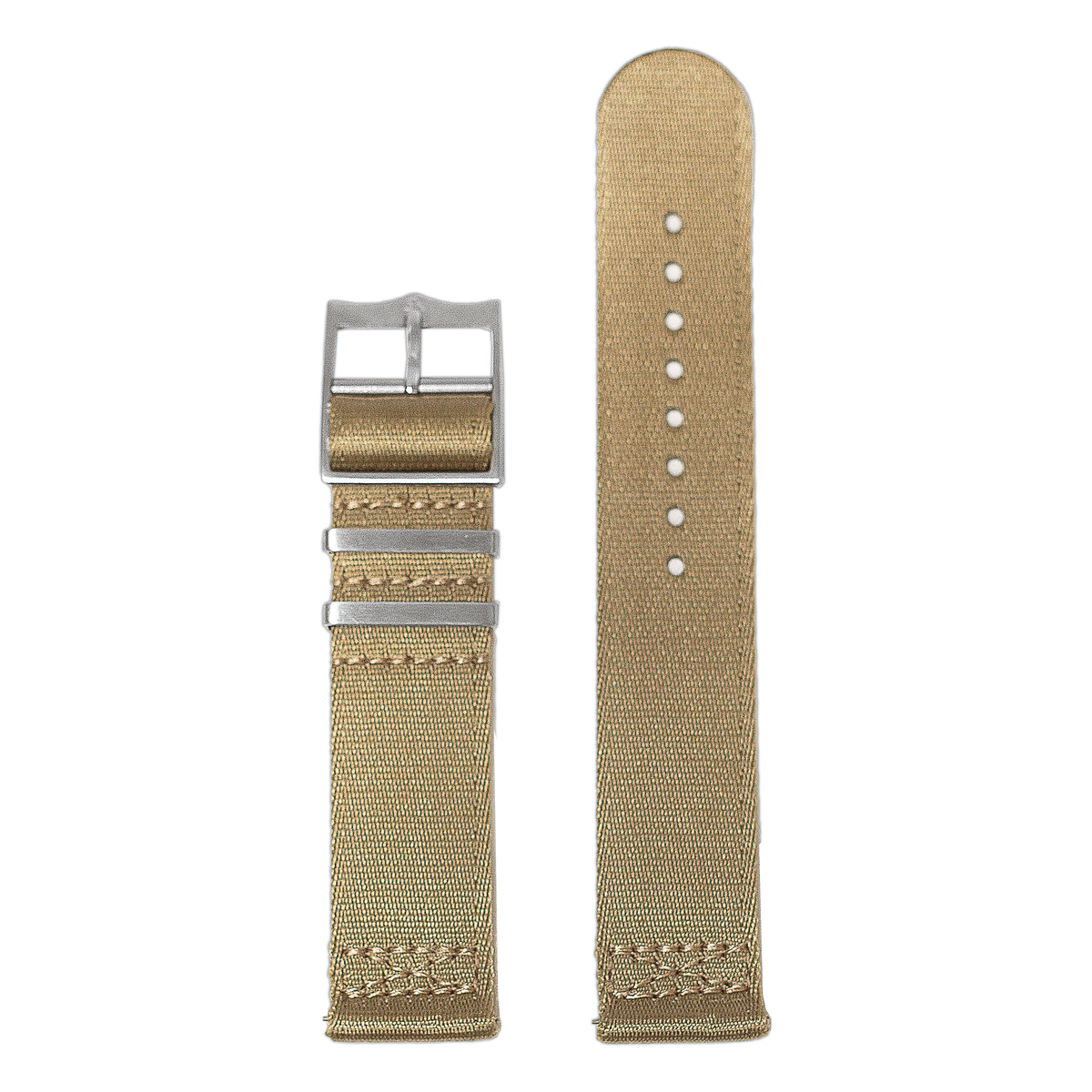 Tan woven fabric watch band with silver buckle and adjustment holes for Fitbit Versa and Sense smartwatches