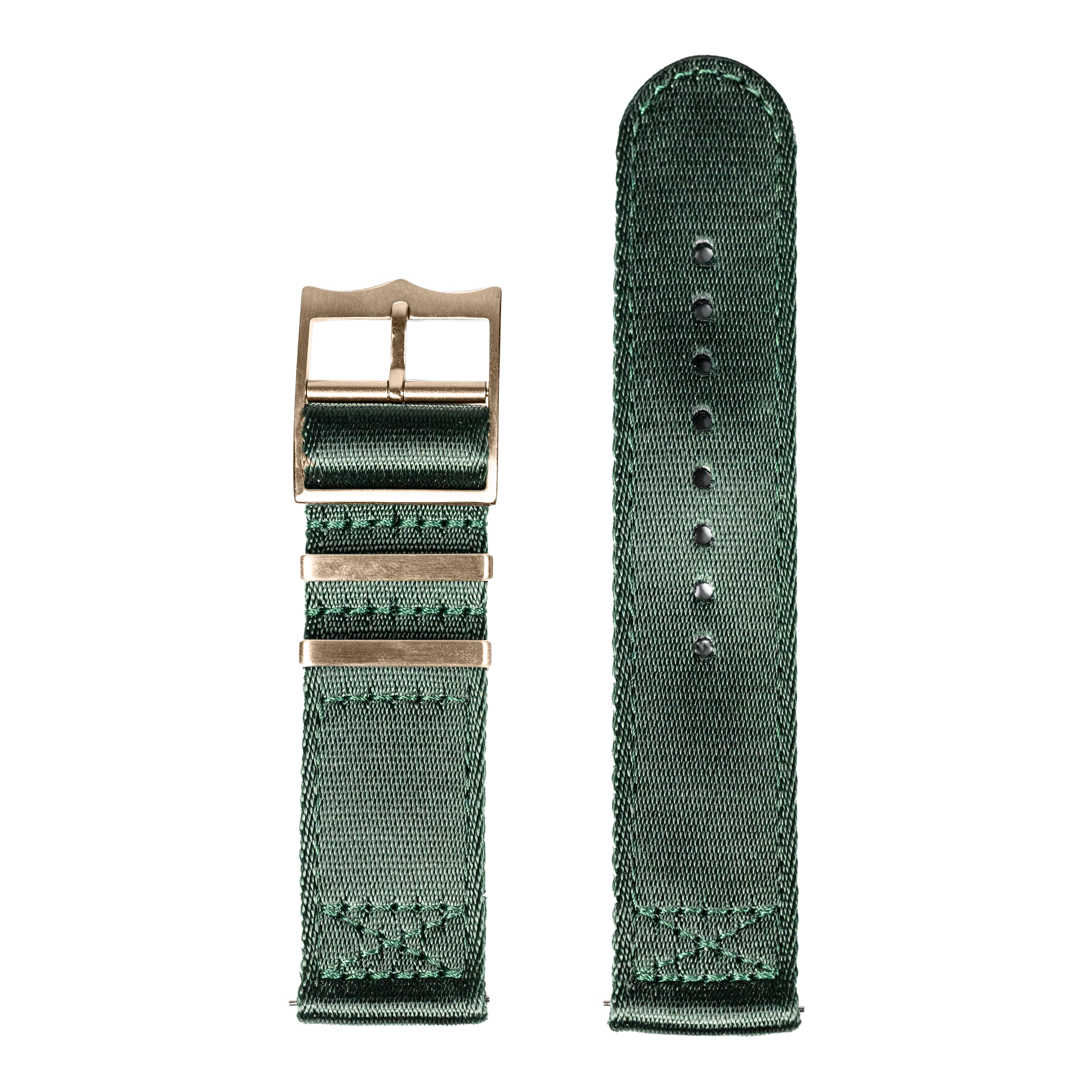 Green canvas watch band with military-style stitching and bronze buckle for Fitbit Versa and Sense smartwatches
