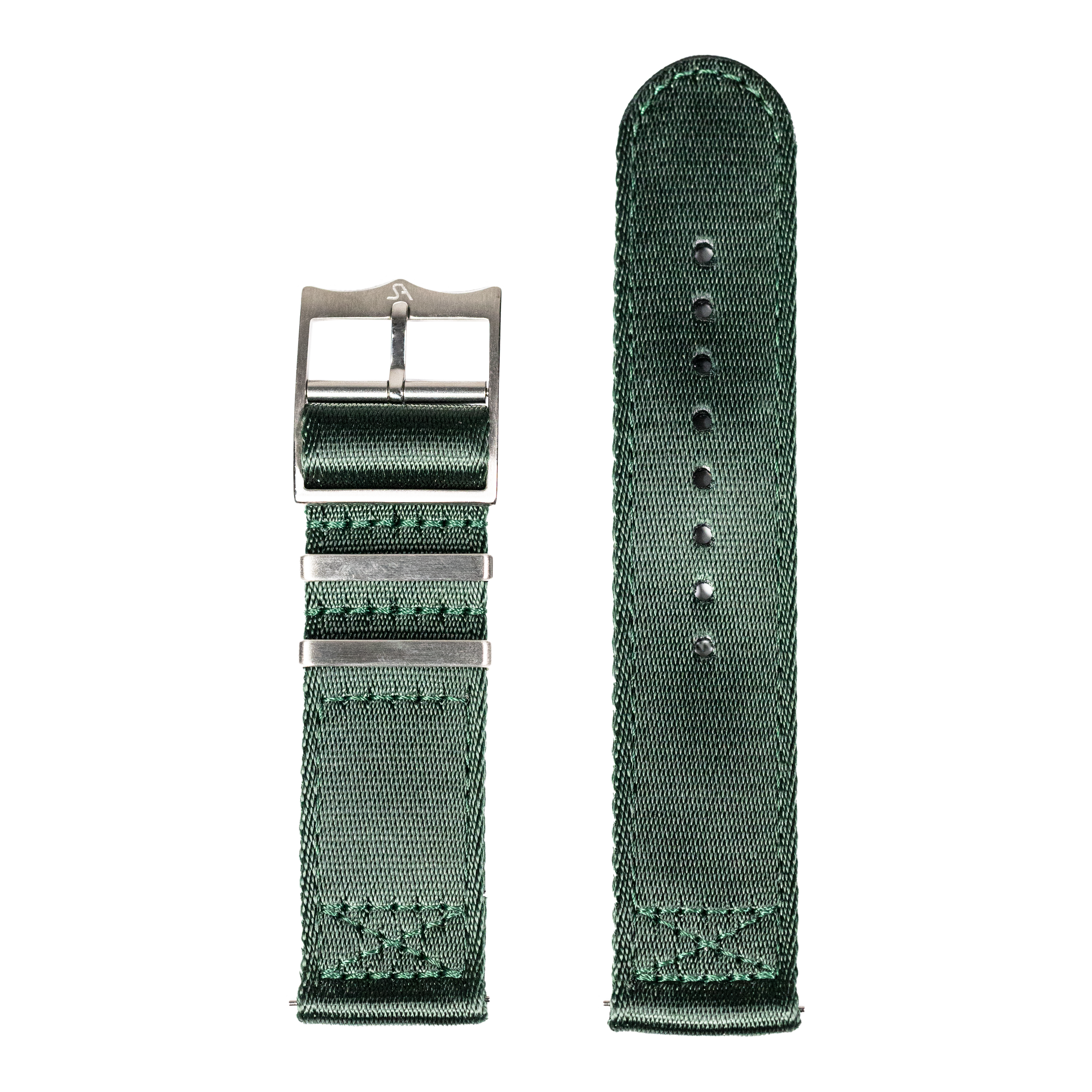 Forest green textile watch band with quick release mechanism and adjustable holes