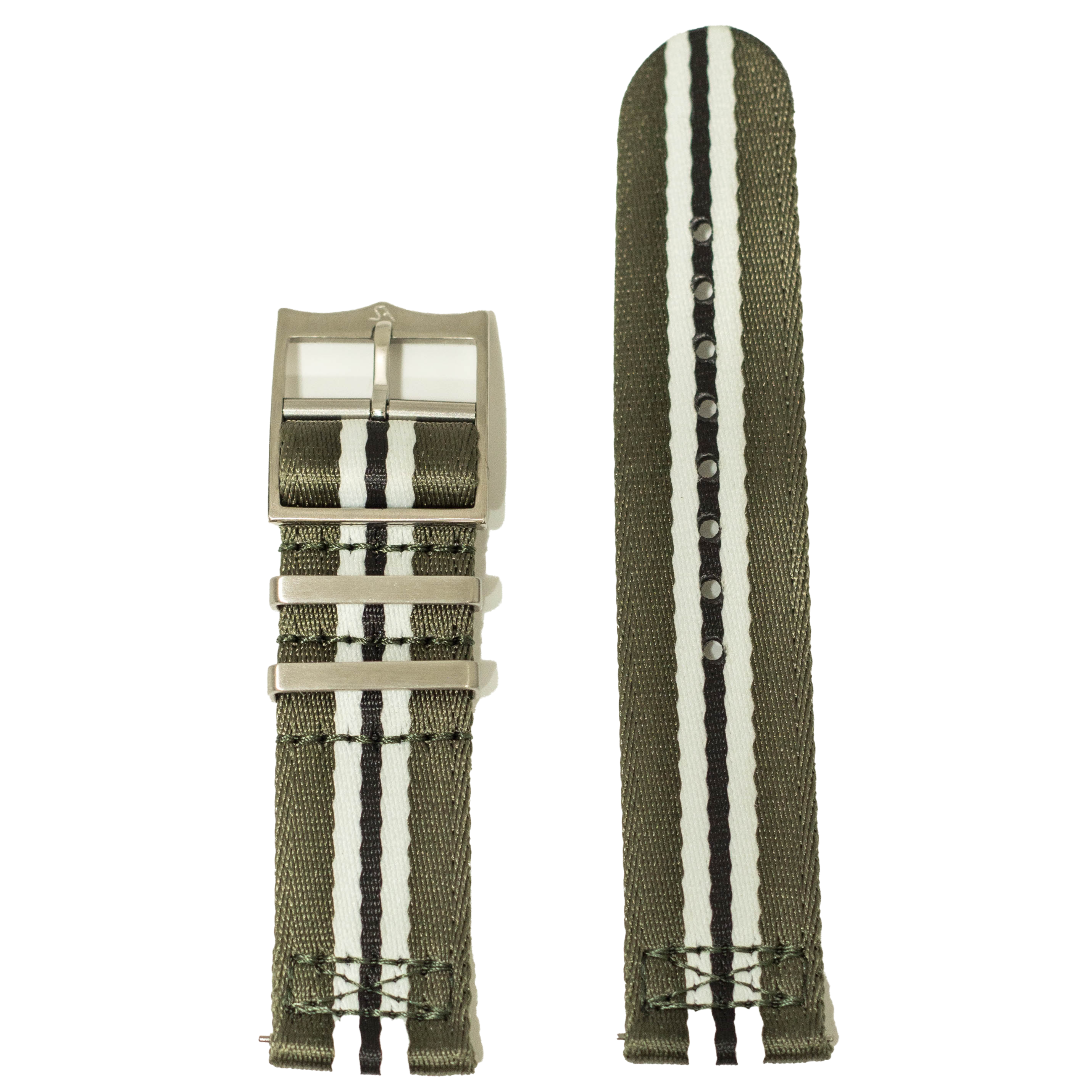 Olive green fabric watch strap with white and black stripes, quick release metal buckle, military style design