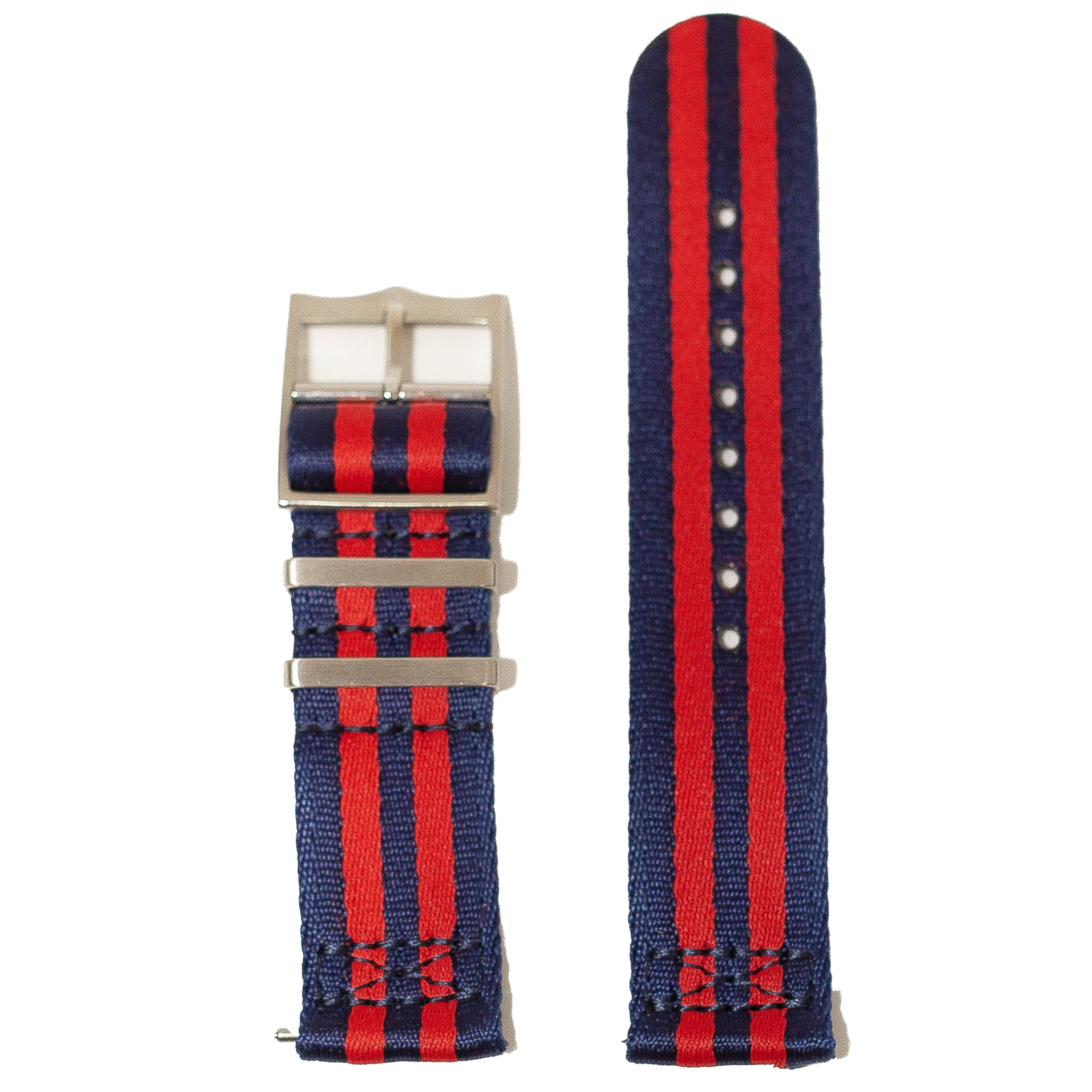 Navy blue and red striped fabric quick release watch strap with tan buckle and metal hardware, shown folded and extended