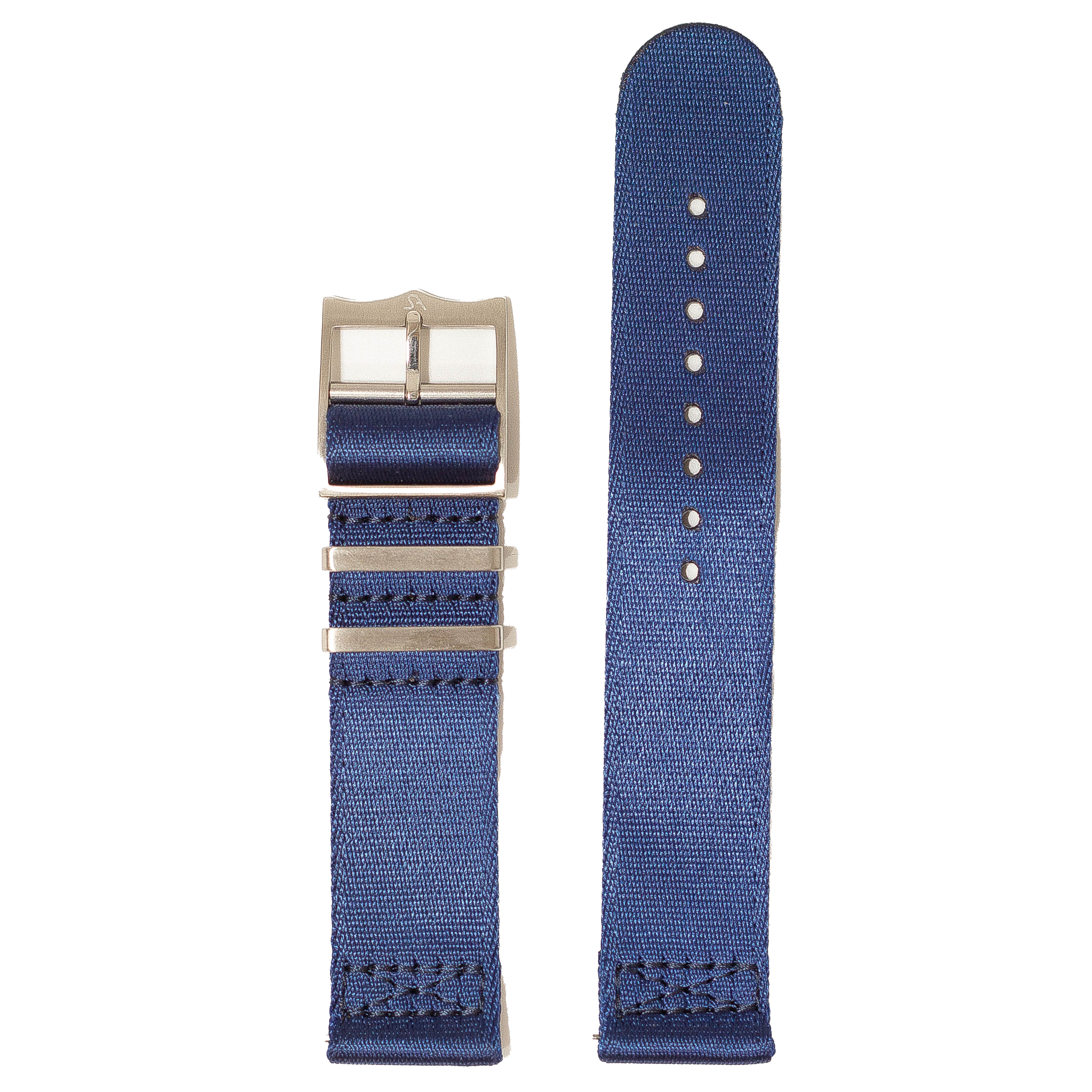 Navy blue fabric watch band with silver buckle and stitched details, 20mm QuickFit compatible strap