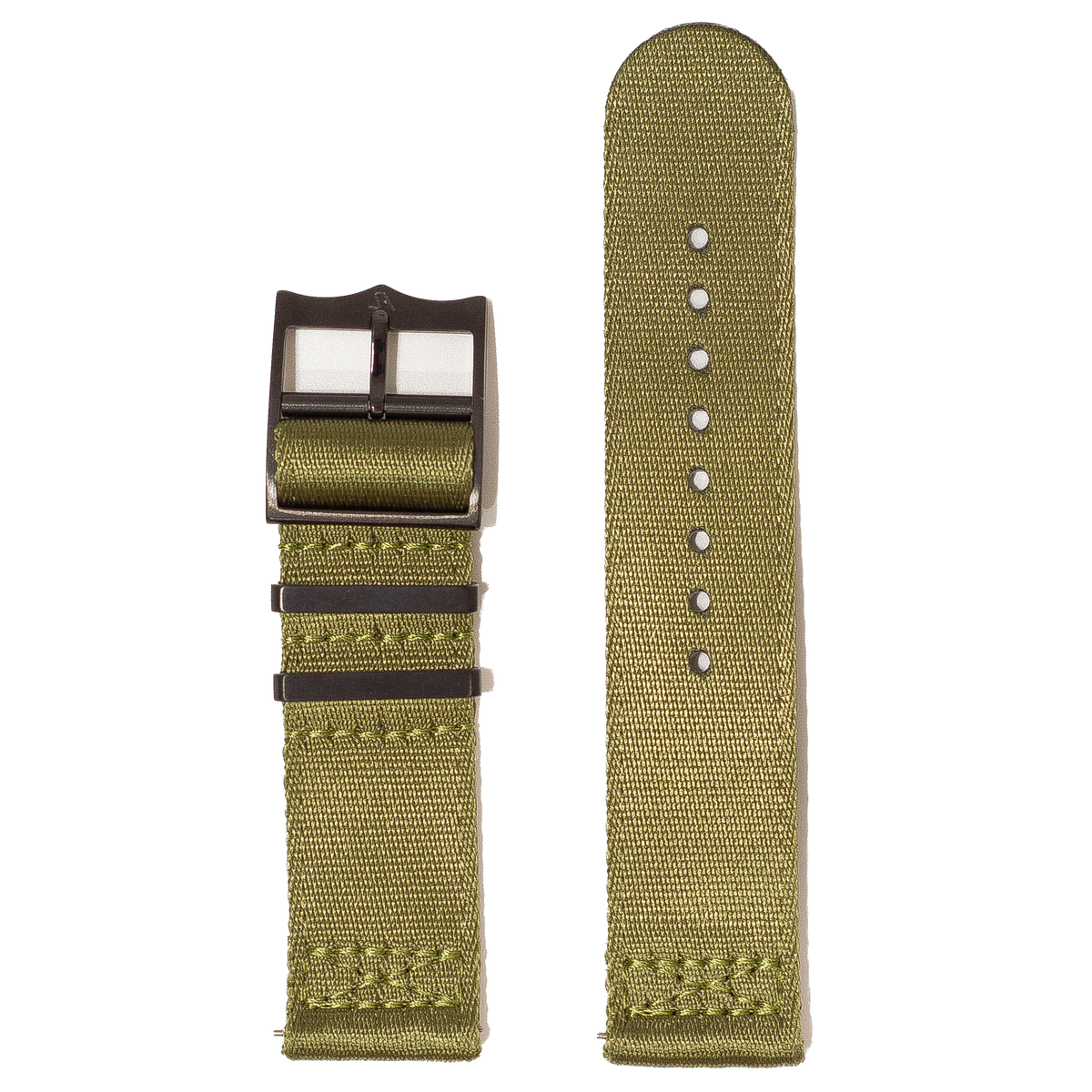 Olive green canvas Apple Watch band with black hardware buckle and adjustment holes displayed separately as folded strap and full length strap