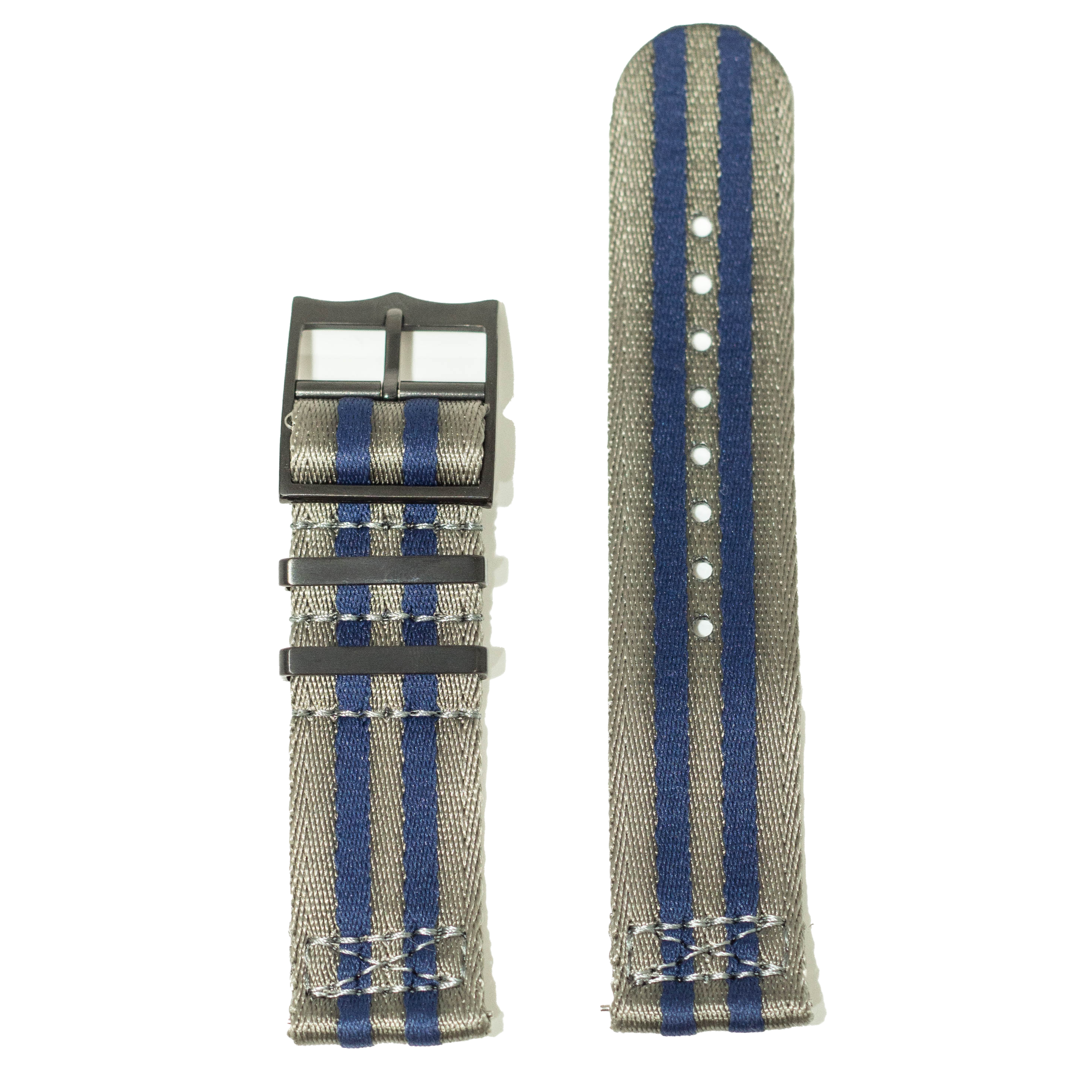 Quick release nylon watch strap with blue and gray stripes, black hardware buckle and keepers, military tactical design
