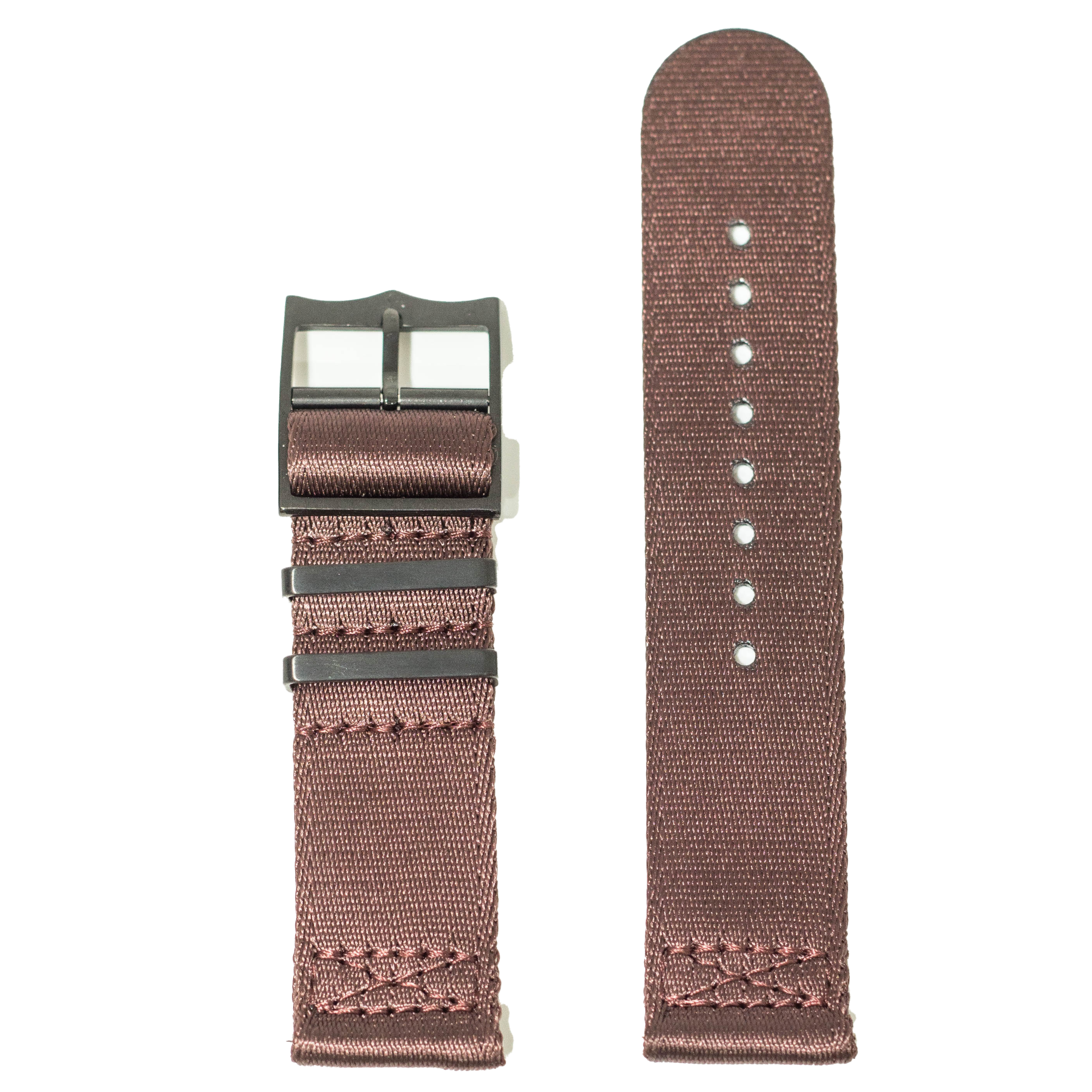Brown canvas quick release watch band with black hardware and silver adjustment holes