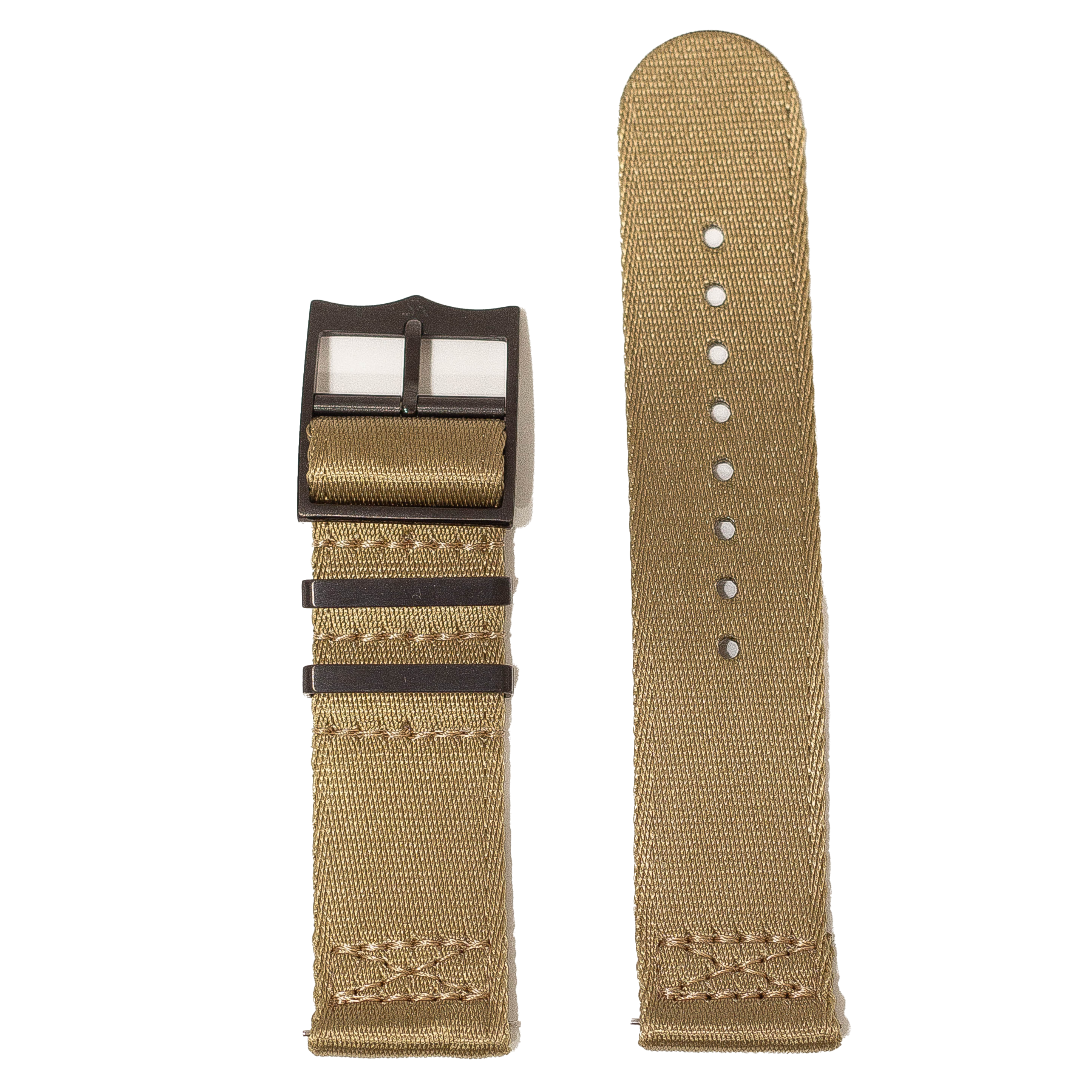 Khaki canvas quick release watch strap with black hardware buckle and multiple adjustment holes
