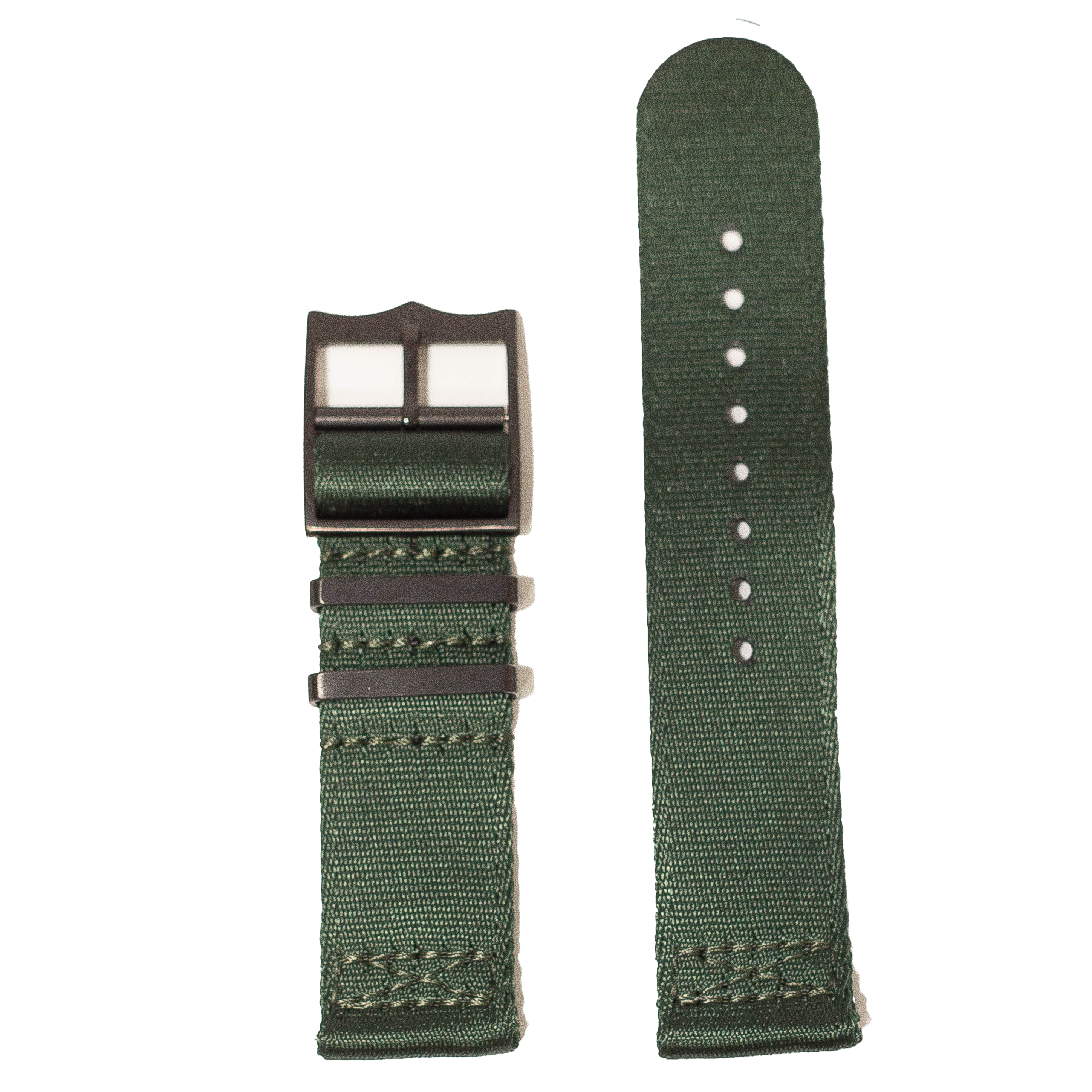 Forest green canvas watch band with black hardware quick release buckle and stainless steel adjustment holes