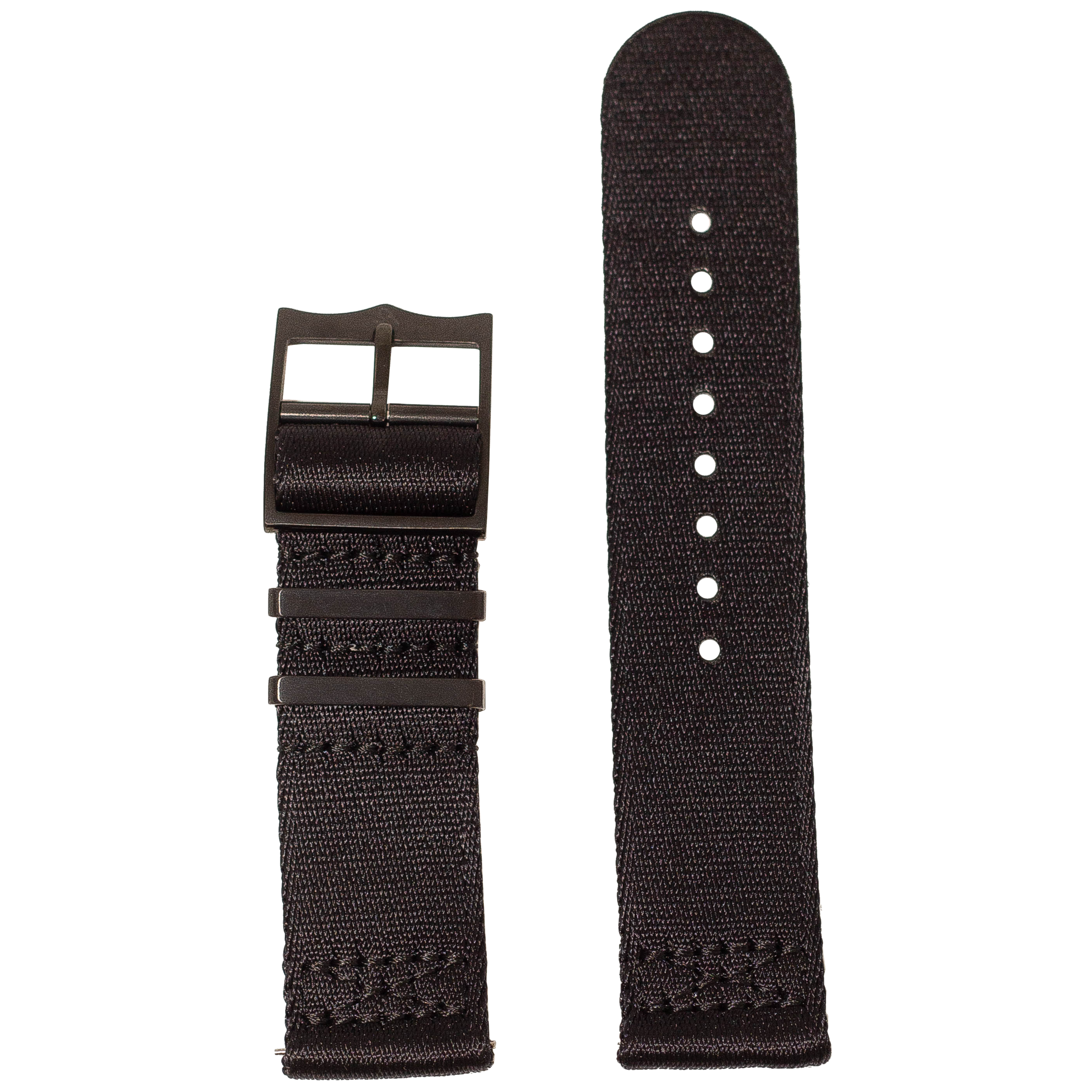 Black fabric quick release watch strap with metal hardware, shown assembled and unassembled on white background