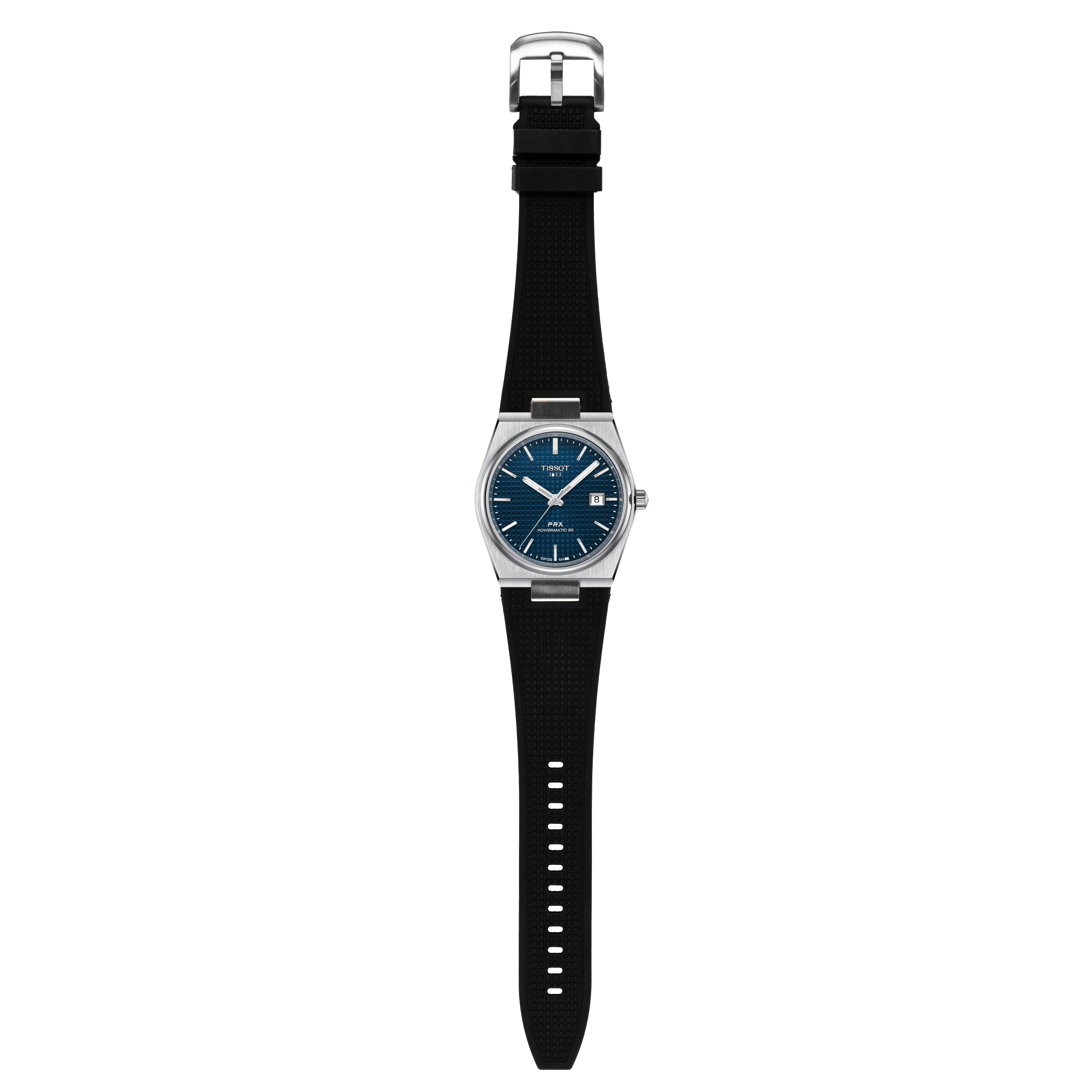 Tissot PRX stainless steel watch with blue dial and black rubber strap, date window, polished case