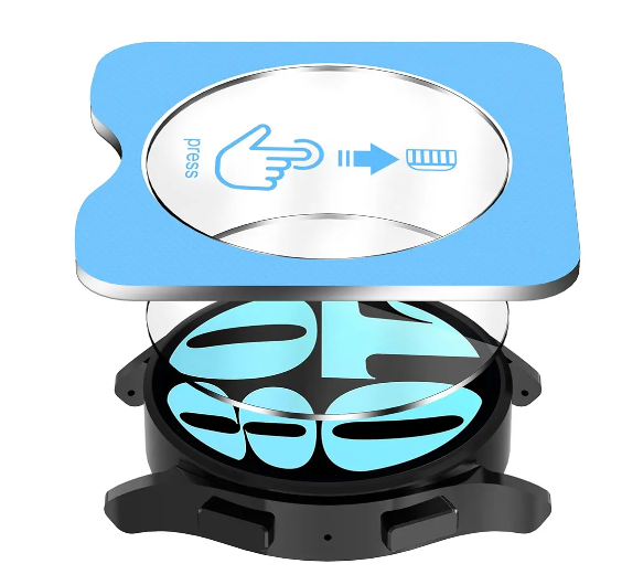 Tempered glass screen protector for Galaxy Watch 7, 8, and Ultra with installation guide showing application steps