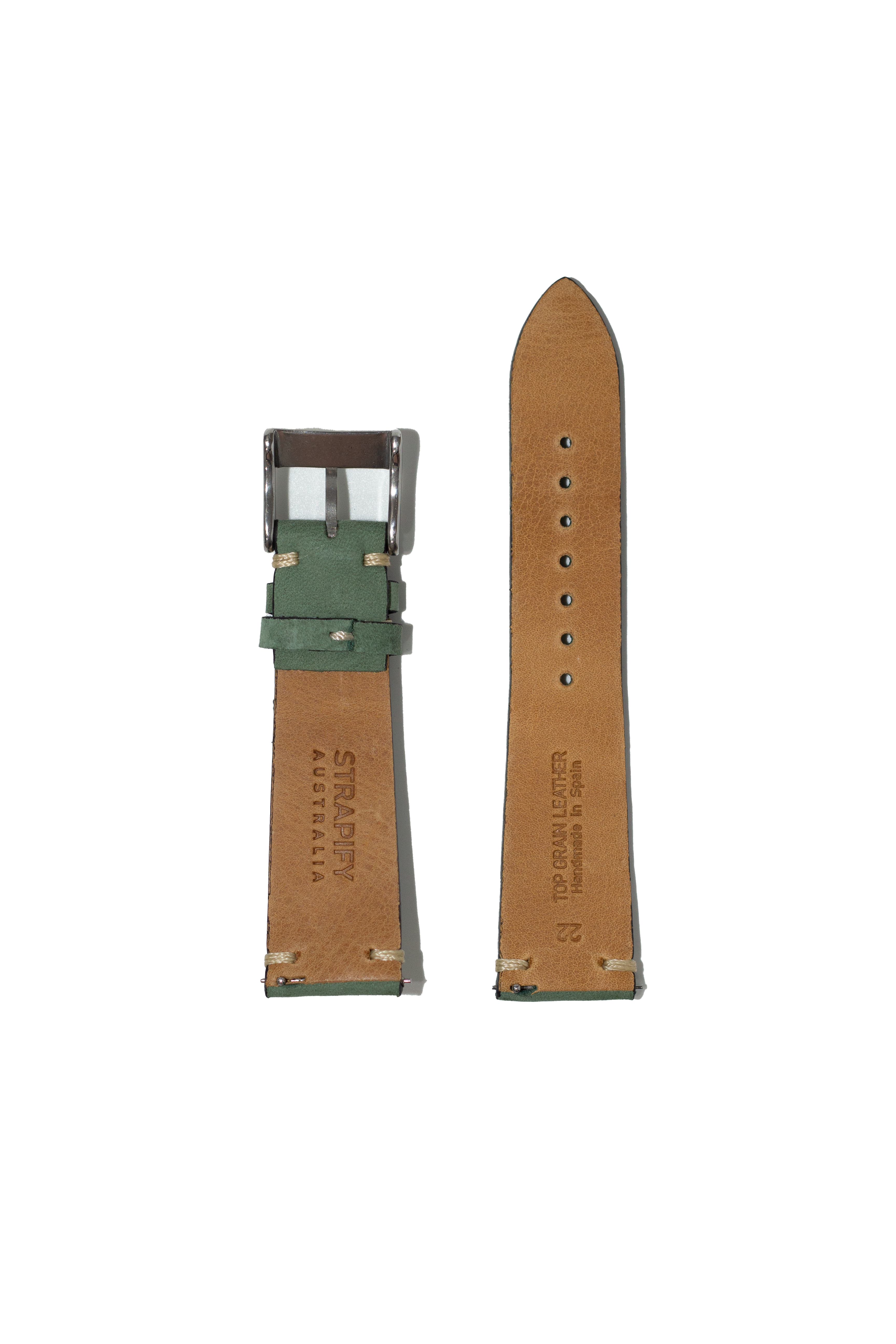 Vintage nubuck leather quick release watch strap in mint green with tan backing, gunmetal buckle, and knotted design detail