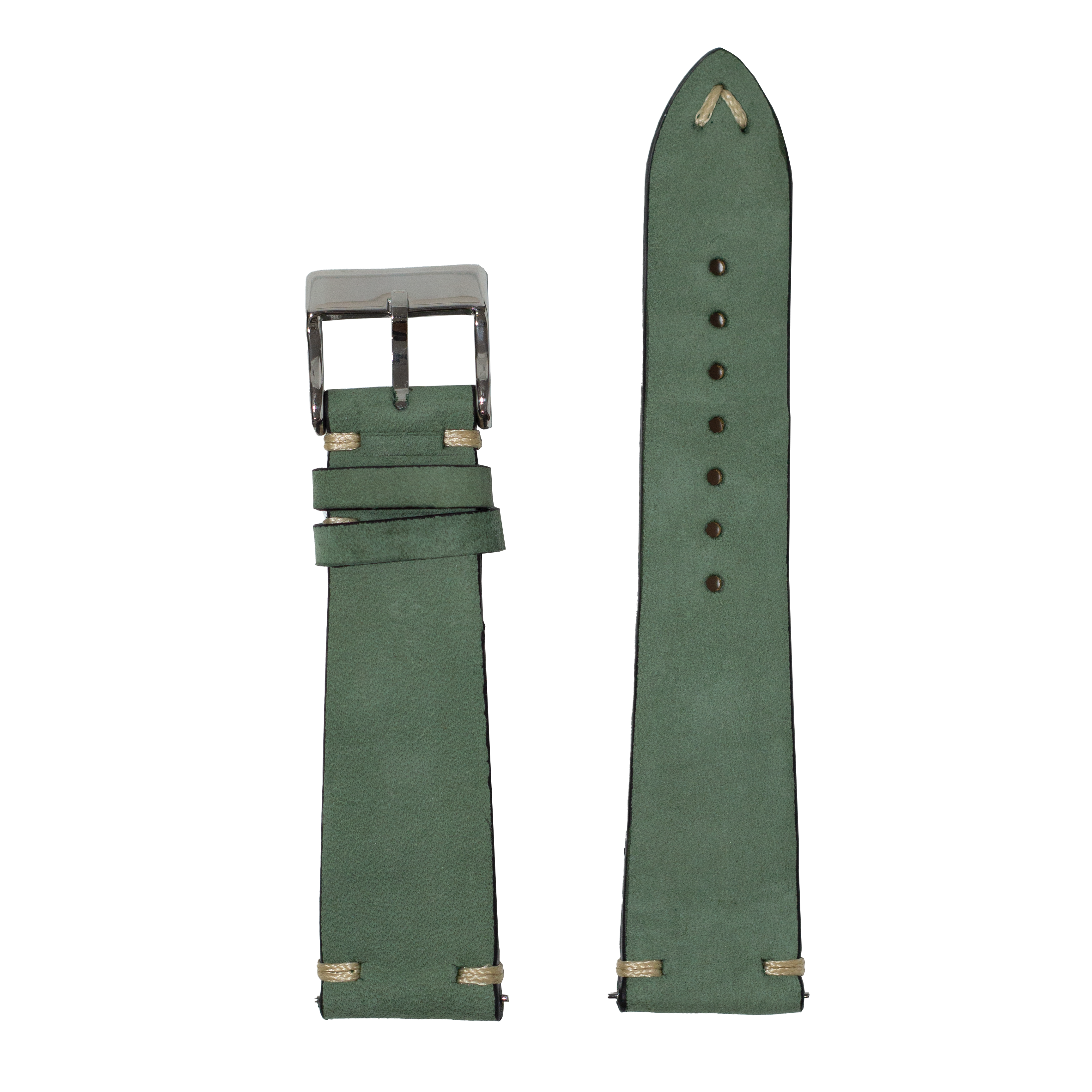 Green nubuck leather quick release watch strap with vintage knotted design and silver buckle