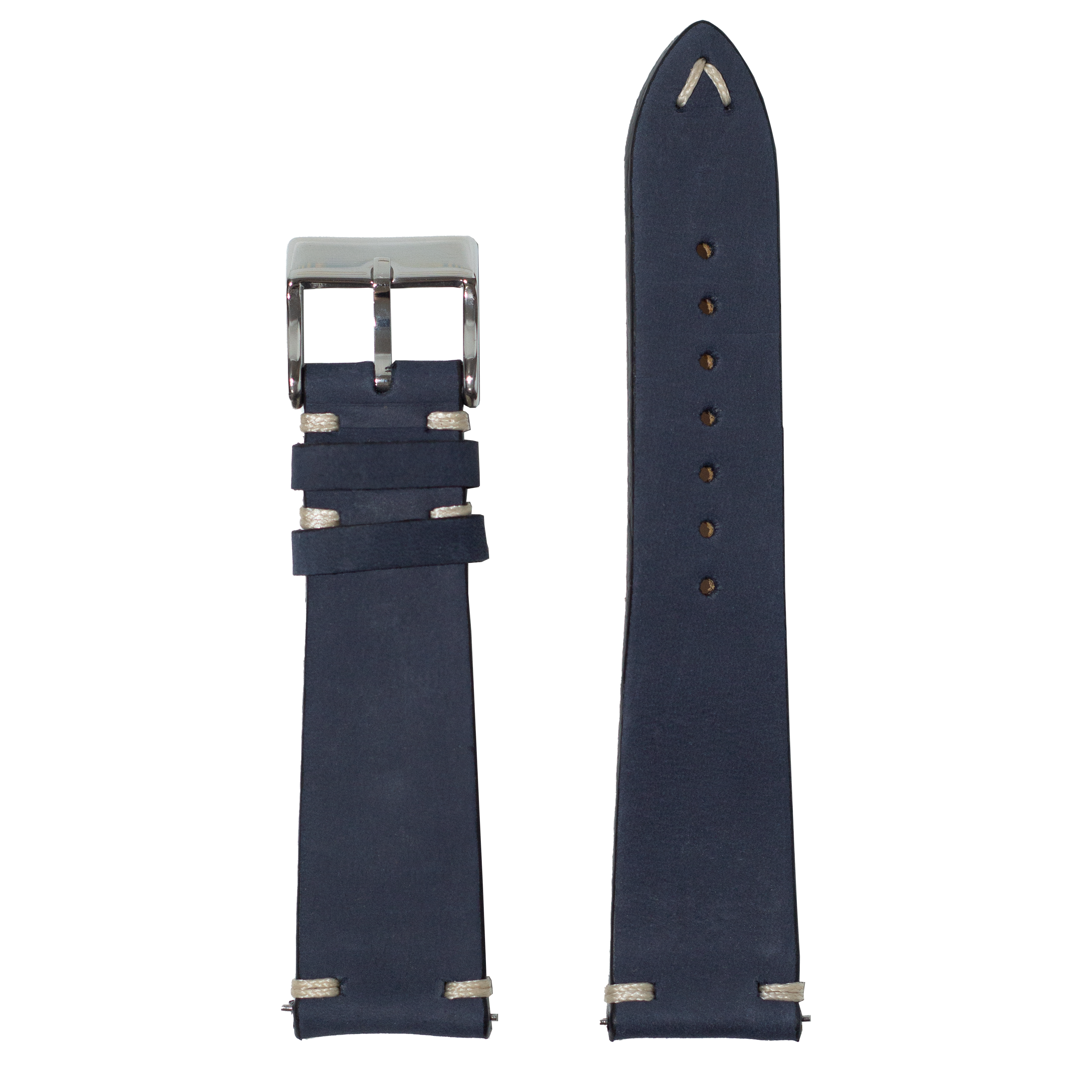 Navy blue nubuck leather quick release watch strap with vintage knotted design and silver buckle