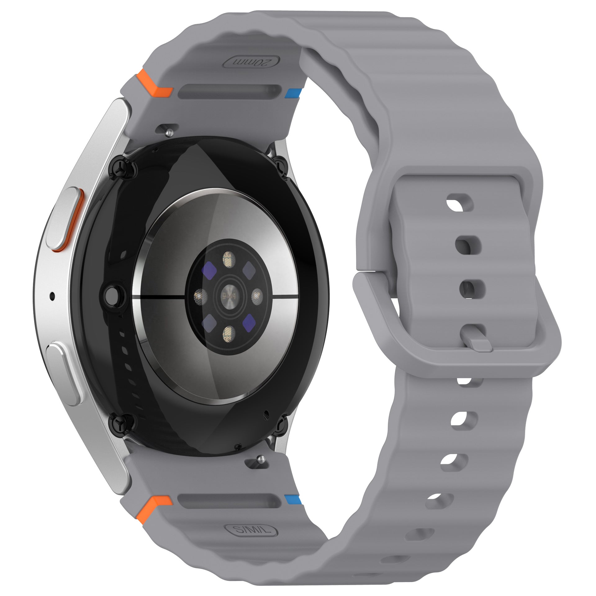 Sports smartwatch with gray silicone band featuring orange and blue accent stitching, digital display and health sensor back