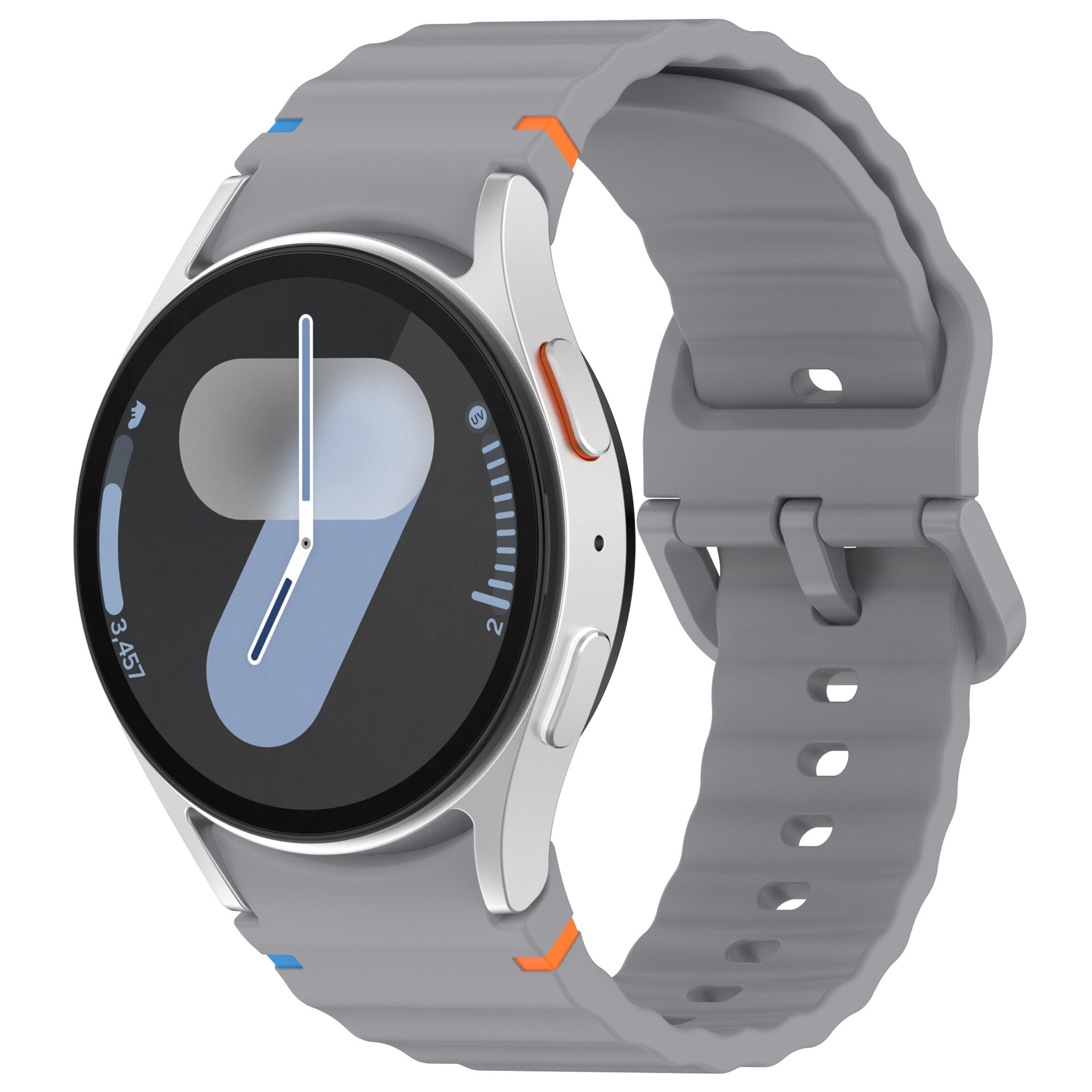 Smartwatch with gray silicone sports strap, silver case, and black dial displaying blue watch face with colorful accent details