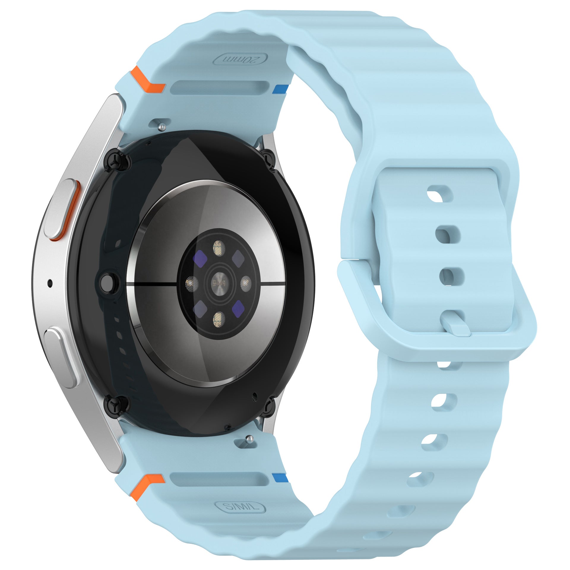 Light blue silicone sports watch band with orange accent and ventilation holes, compatible with Galaxy Watch and Vivomove HR smartwatches