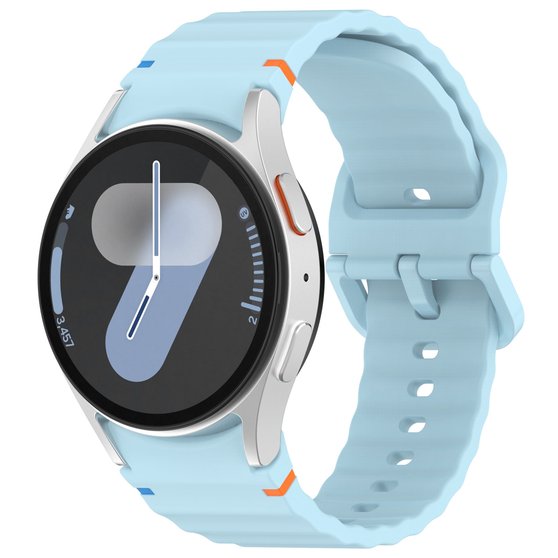Light blue silicone sports watch band with orange and blue stitch details, compatible with Galaxy Watch and Vivomove smartwatches