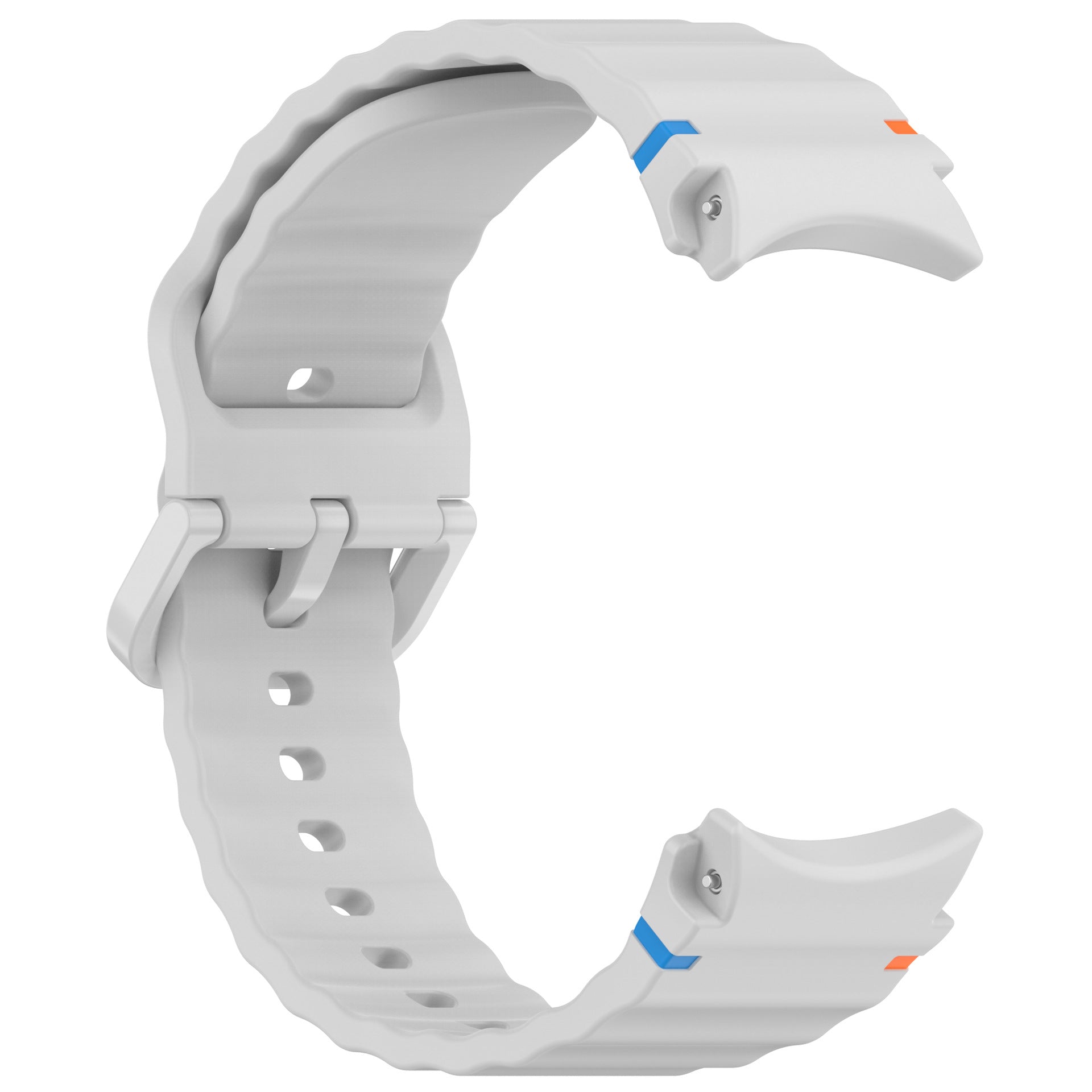 White silicone sports watch band with blue and orange accent stitching and adjustable holes for Galaxy Watch and Vivomove HR