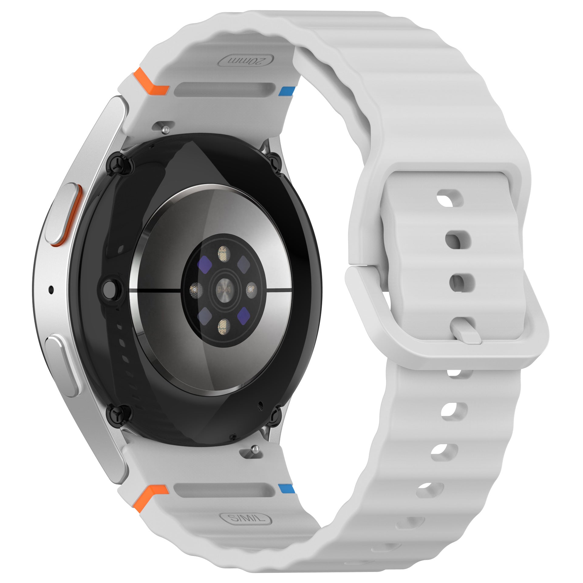 White silicone sports watch strap with stitch pattern, orange and blue accents, compatible with Galaxy Watch and Vivomove smartwatches