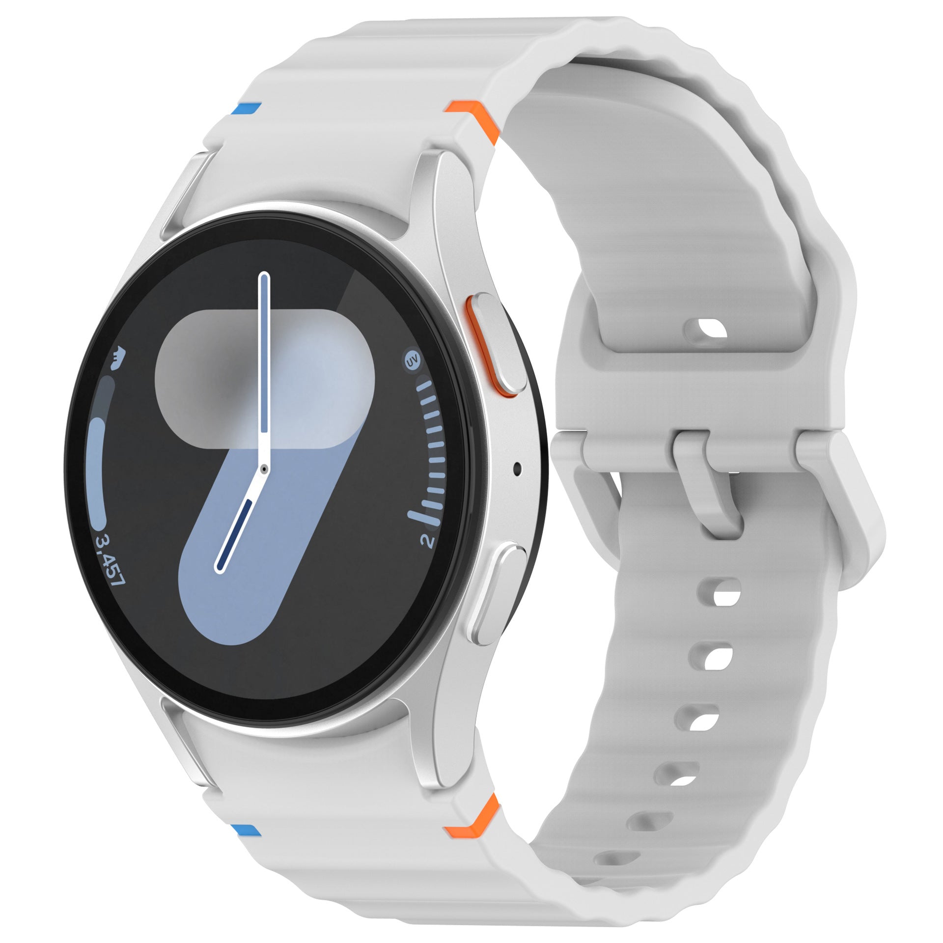 White silicone sports watch with blue and orange accent stitching, round AMOLED display showing time, and adjustable band with ventilation holes