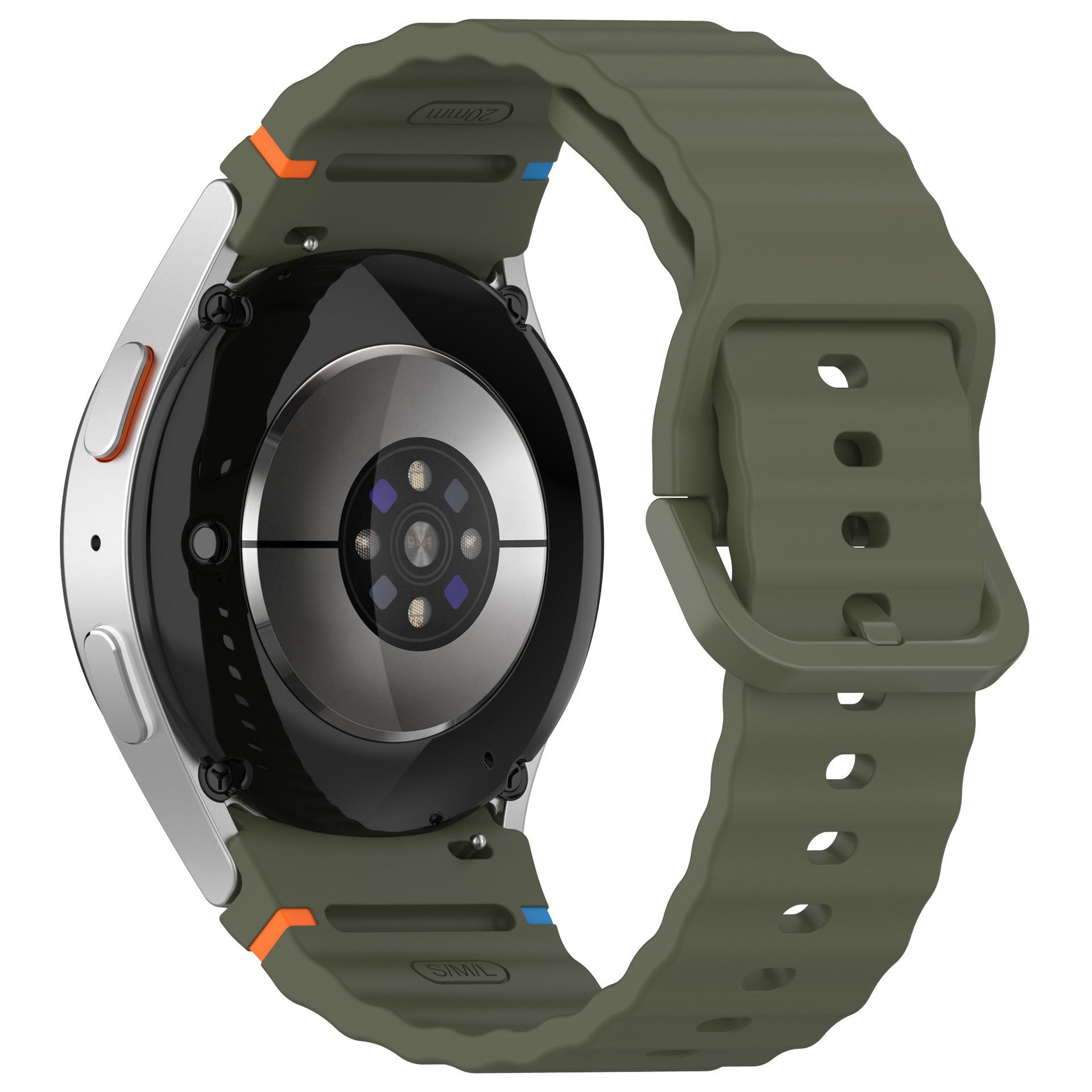 Sports Stitch silicone watch band with olive green strap and orange accents for Galaxy Watch and Vivomove HR smartwatches