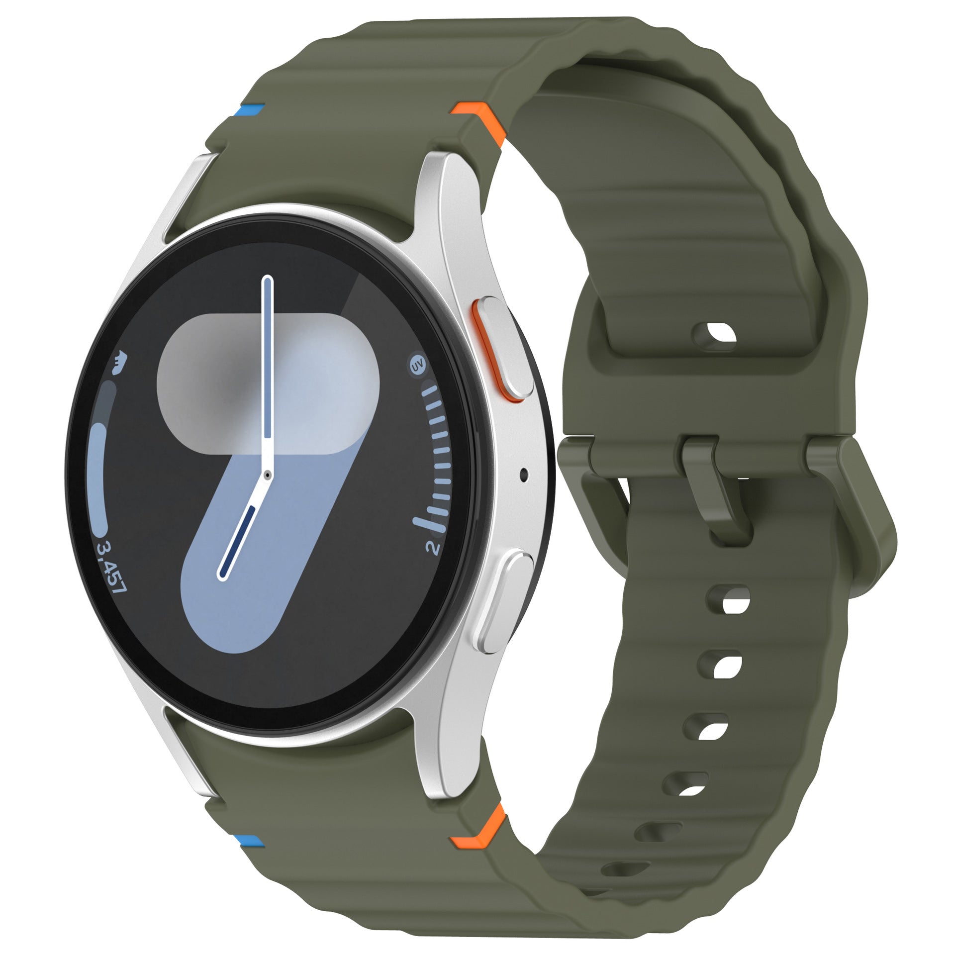 Smartwatch with olive green silicone sports strap, white silver case, black dial displaying time, orange and blue accent details