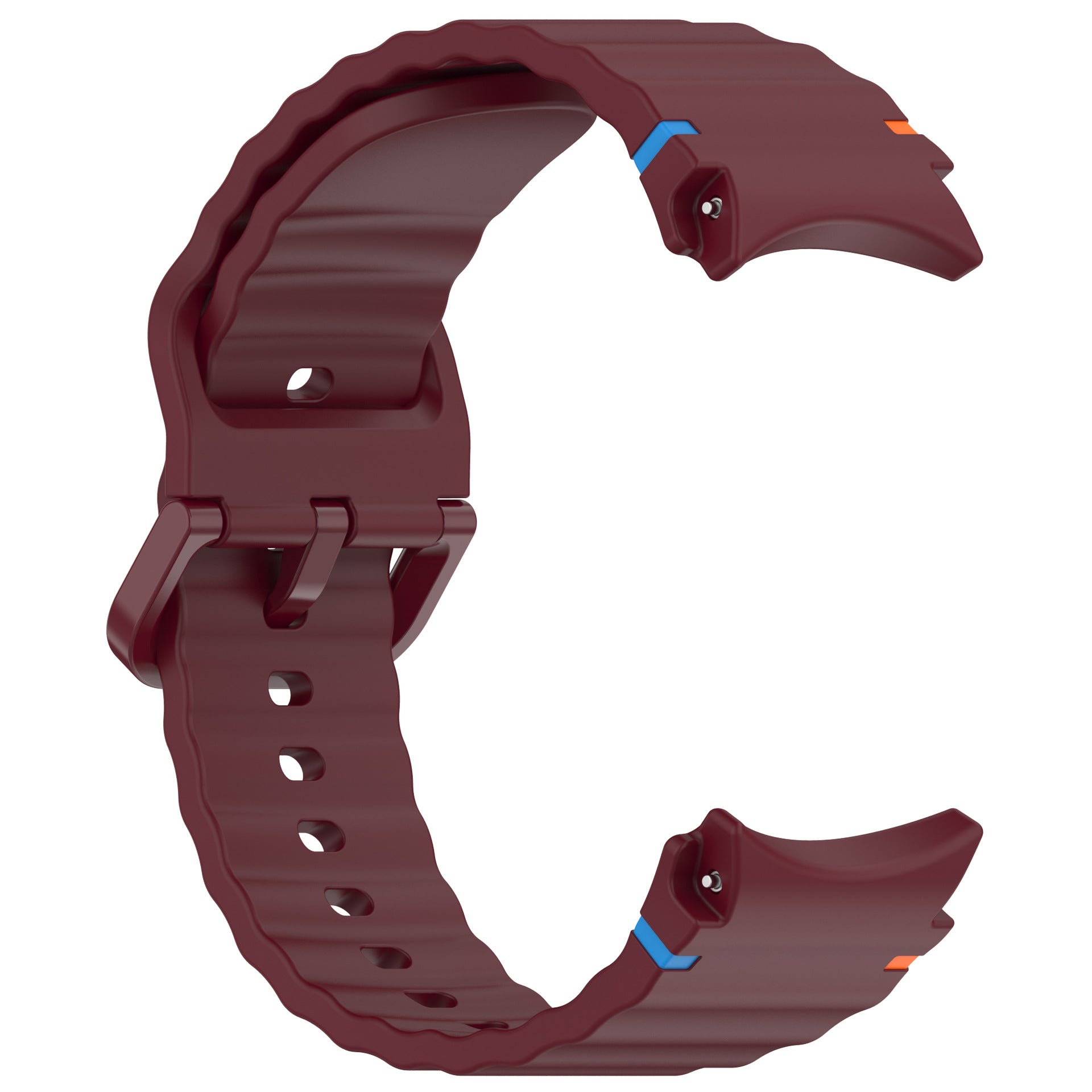 Burgundy silicone sports watch band with blue accent stitching and quick-release pins for Galaxy Watch 4-7 and Vivomove HR
