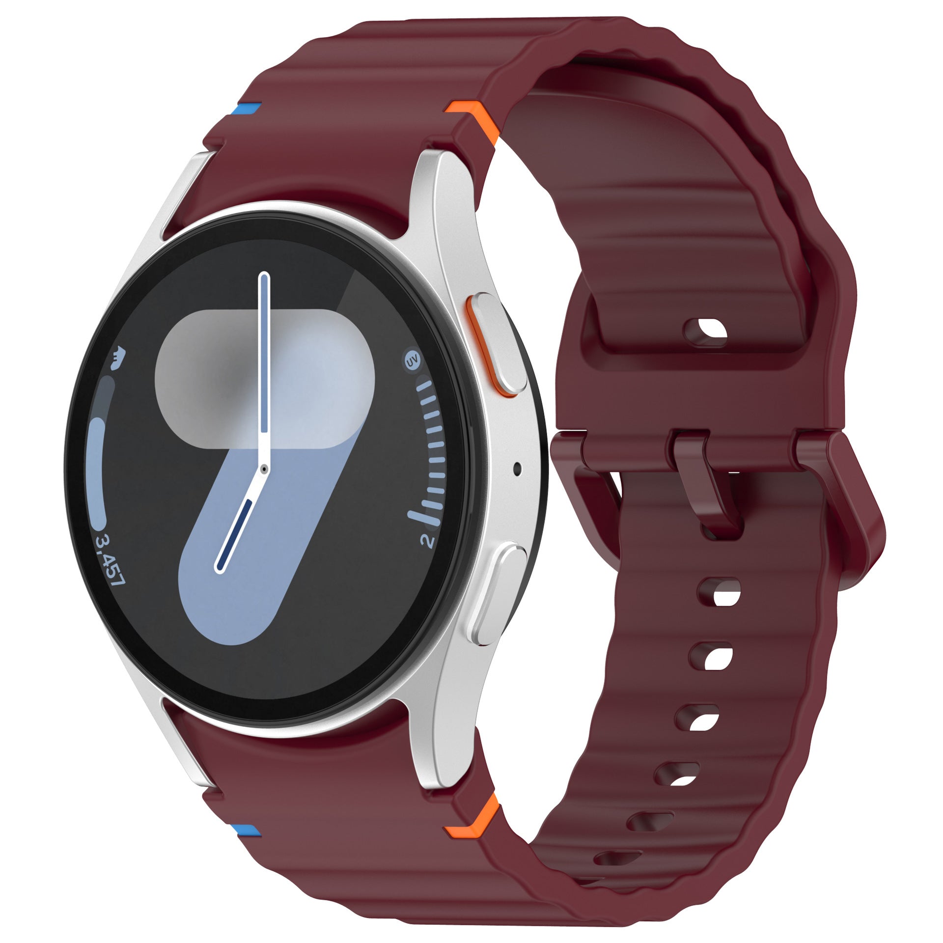 Burgundy silicone sports watch band with stitch pattern, orange accents and quick-release pins for Galaxy Watch and Vivomove smartwatches