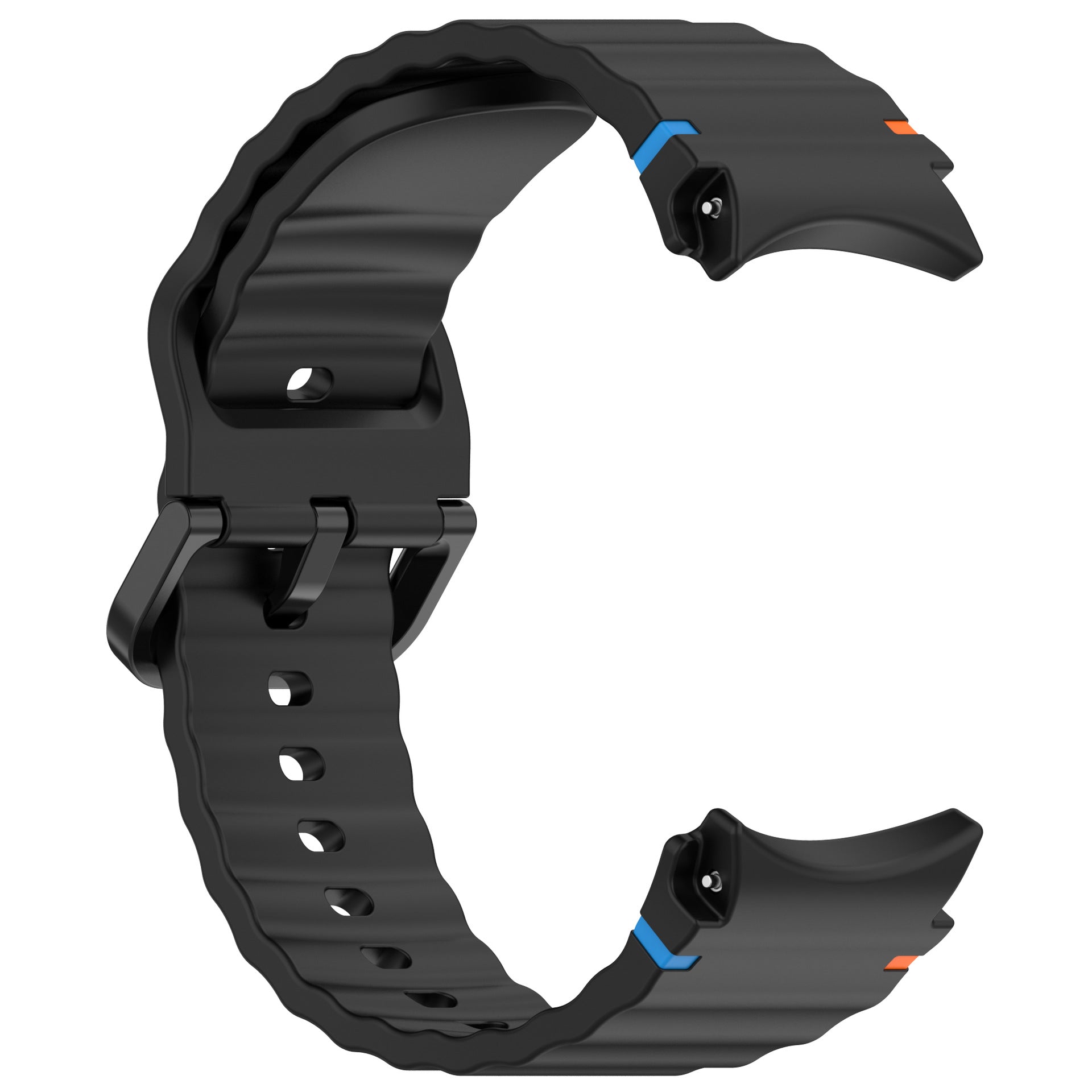 Black silicone sports watch band with stitch design and blue accent clasp for Galaxy Watch and Vivomove HR