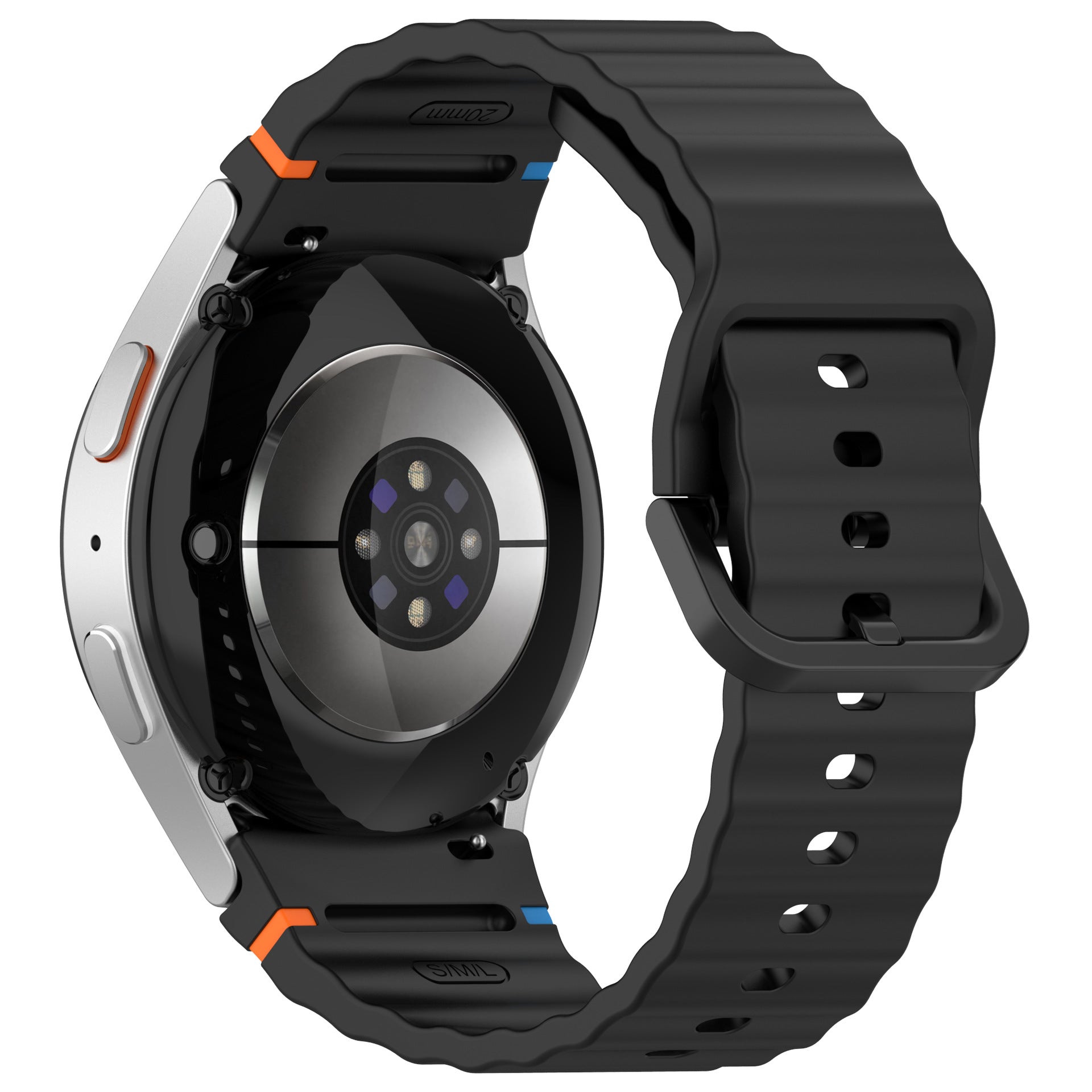 Black silicone sports watch band with orange and blue accent stitching and adjustable holes for Galaxy Watch and Vivomove HR
