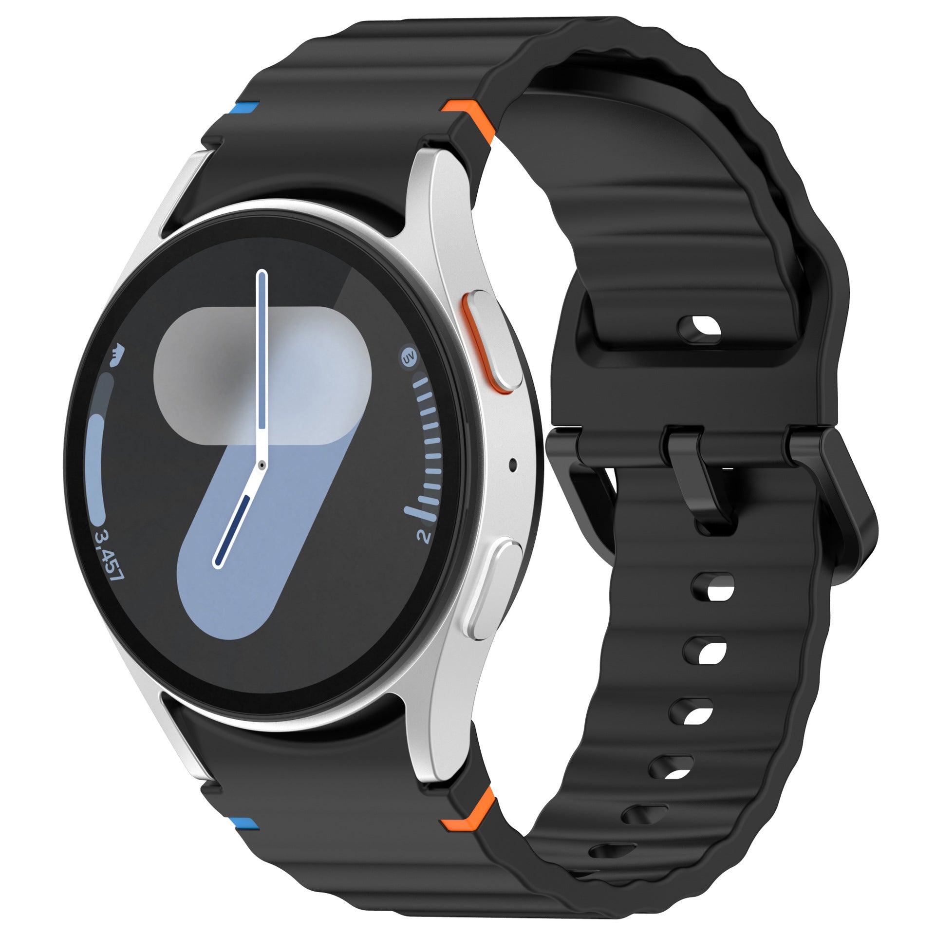 Sports silicone watch band with blue and orange accent stitching, black rubber material, quick-release connector compatible with Galaxy Watch and Vivomove HR smartwatches