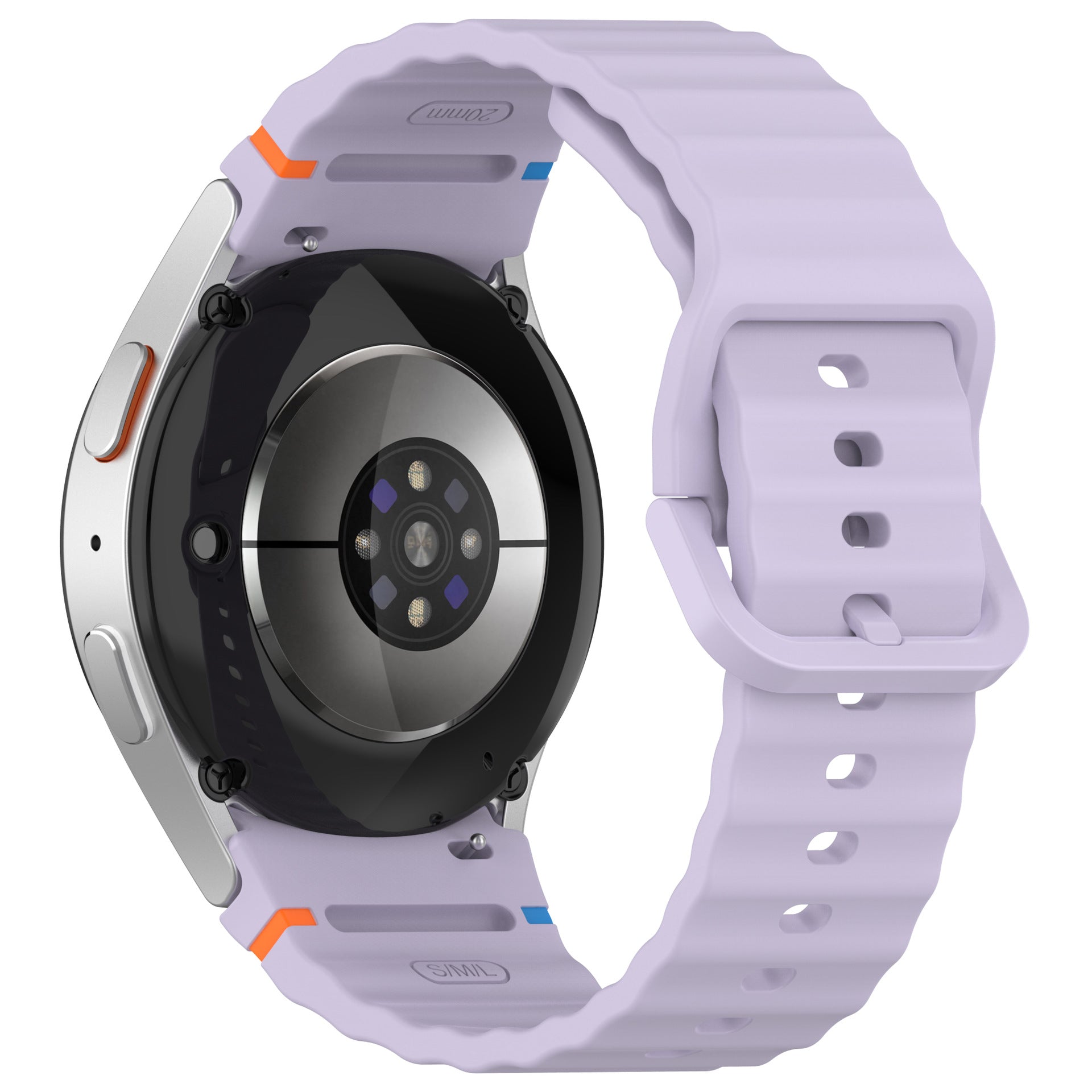 Purple silicone sports watch band with stitch design and quick-release pins compatible with Galaxy Watch and Vivomove smartwatches