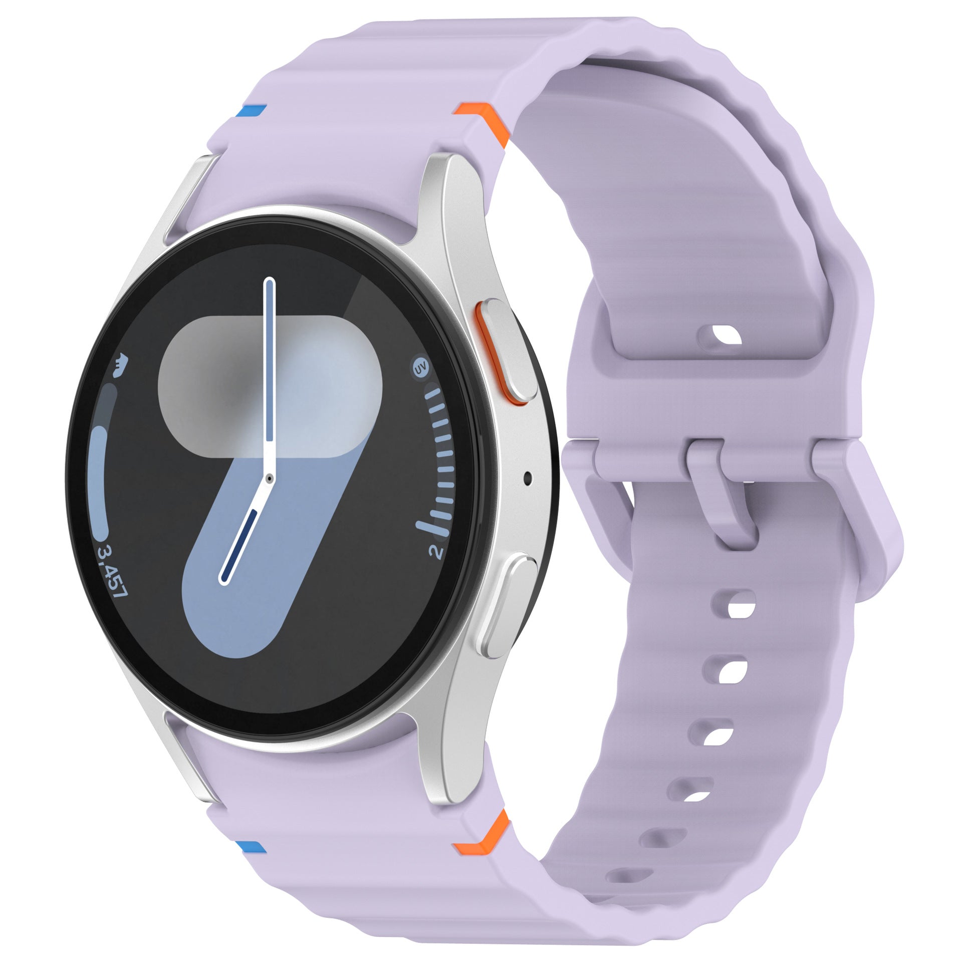 Lavender silicone sports watch with stitch design, black dial, silver case, and orange accent details