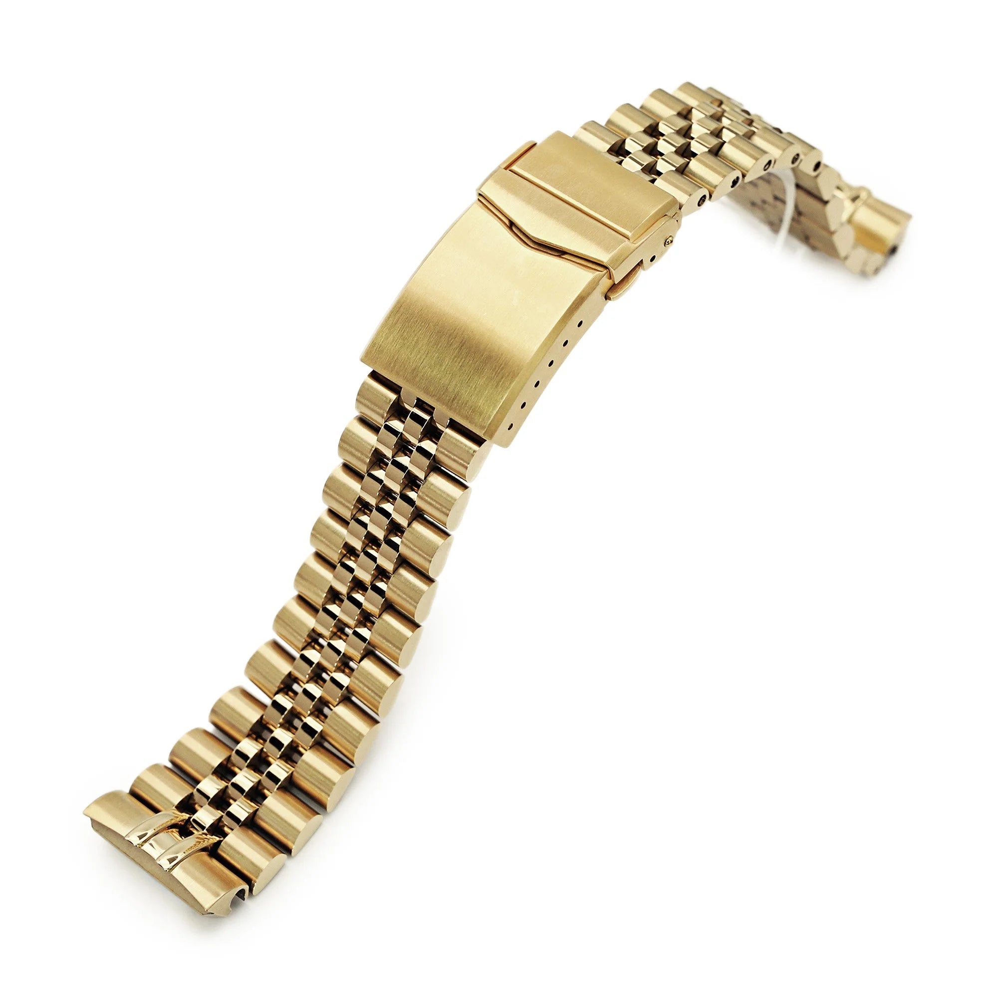 Gold stainless steel jubilee watch bracelet with solid link construction and fold-over safety clasp for Seiko dive watches