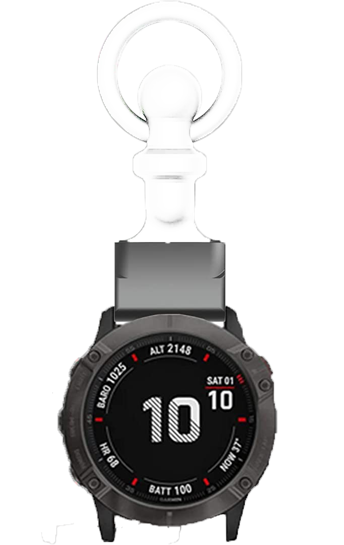 Rugged smartwatch with quick-fit watch band system, black face displaying time and altitude data, professional sport watch design